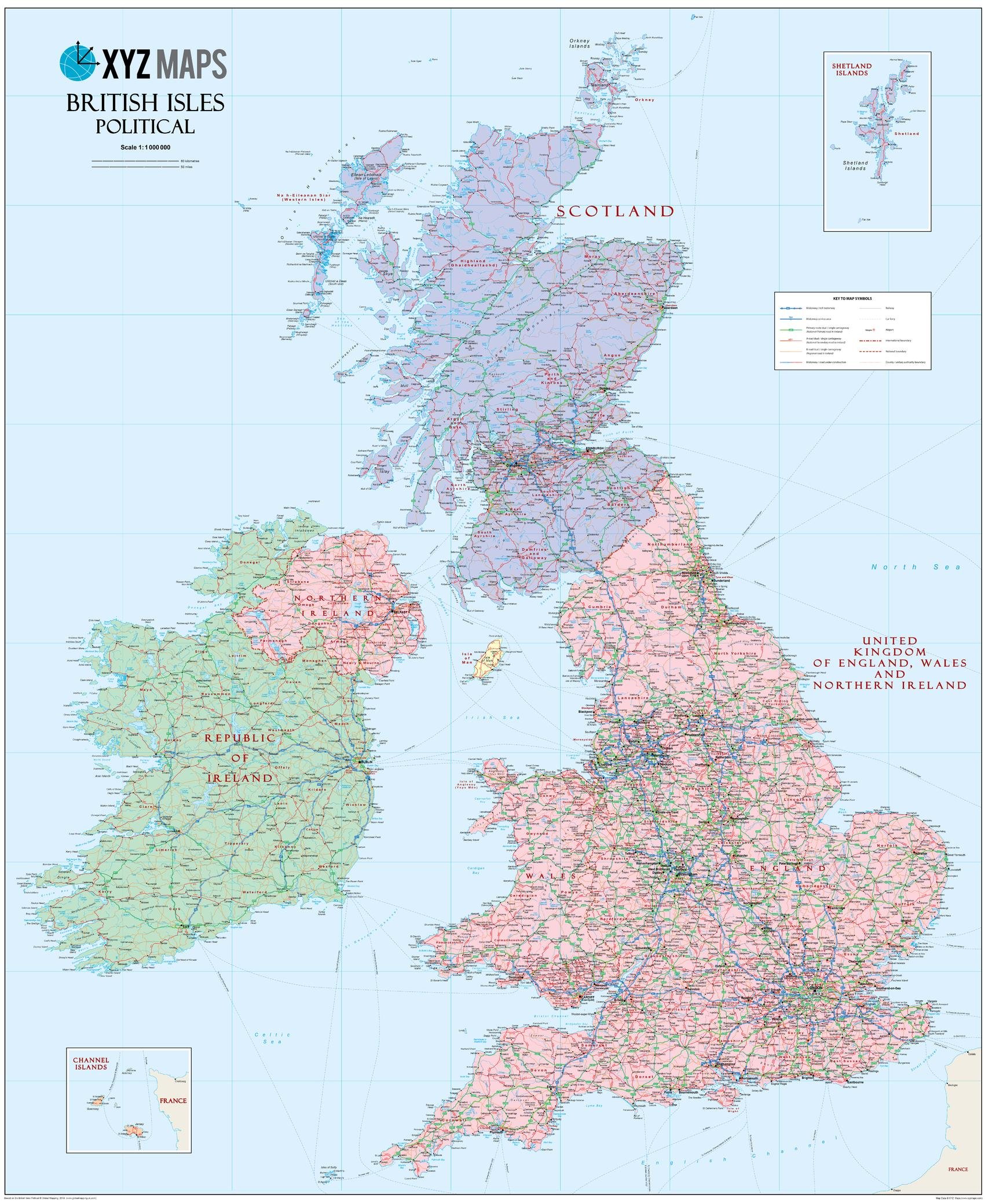 Scottish British Isles Political Wall Map - 35.5" x 43.5" Laminated