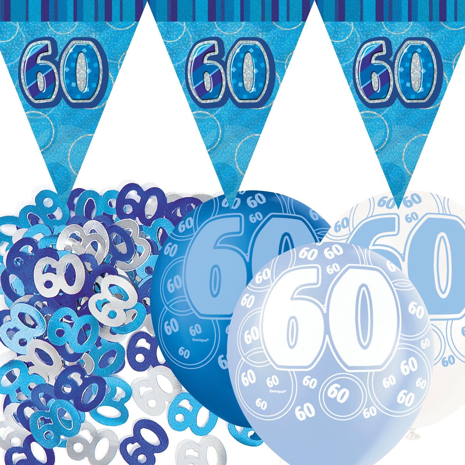 Blue Silver Glitz 60th Birthday Flag Banner Party Decoration Pack Kit Set