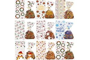 DULEFUN 160PCS Christmas Cellophane Treat Bags 8 Styles Clear Xmas Candy Cookie Goodie Cello Bags with Twist Ties for Christmas Winter Holiday Party Favors Supplies