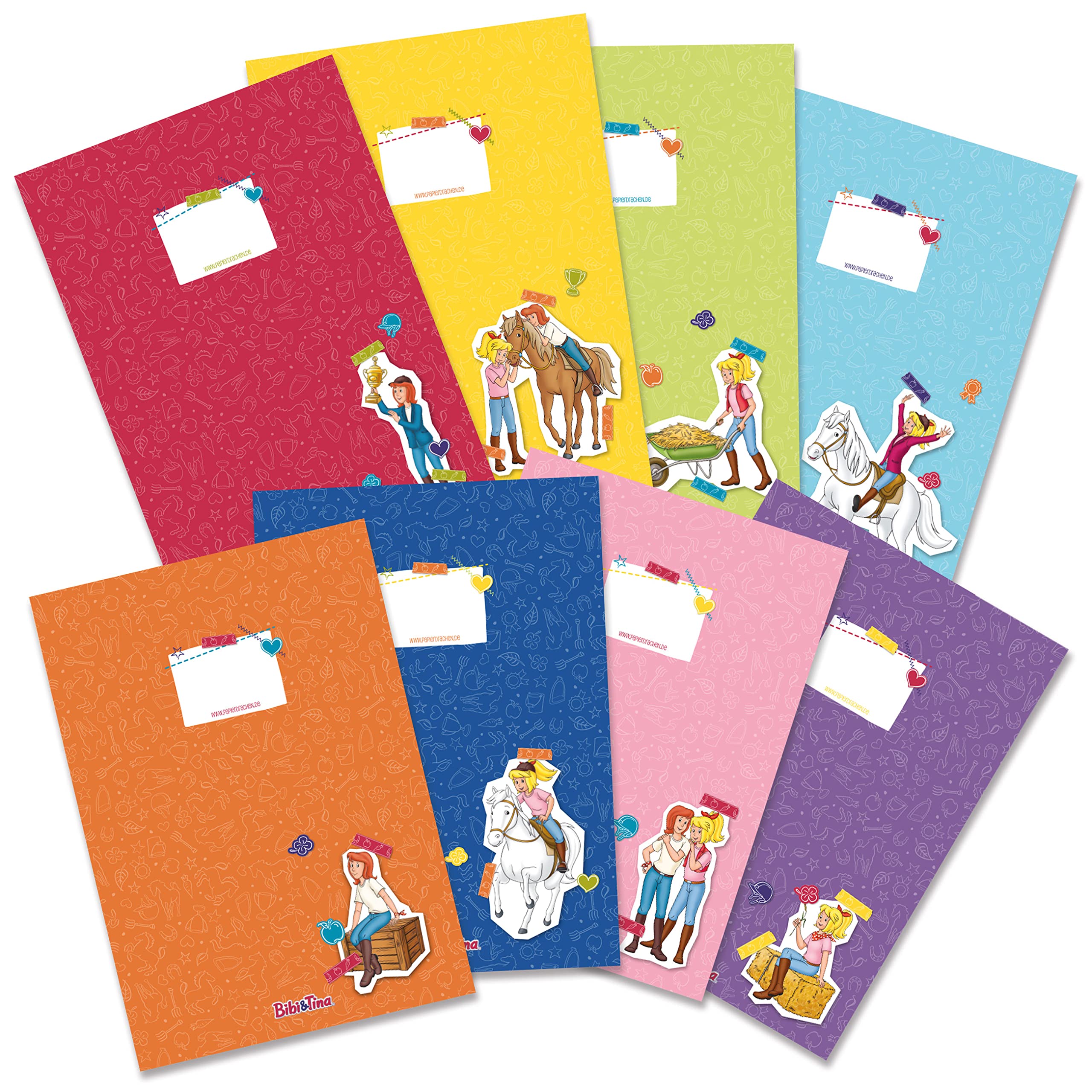 Papierdrachen 8 High-Quality Paper Notebook Covers for Children, DIN A4, Bibi and Tina Motif, Ideal for School, Notebook Cover 250 g/m², Set Number 7