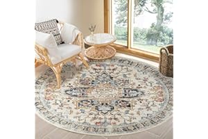 BESTSWEETIE 6ft Round Rugs Washable Round Rug Non-Slip No Pile Round Rugs 6ft Boho Round Rugs for Living Room 6ft Vintage Round Rug Carpet for Bedroom Kitchen, Beige