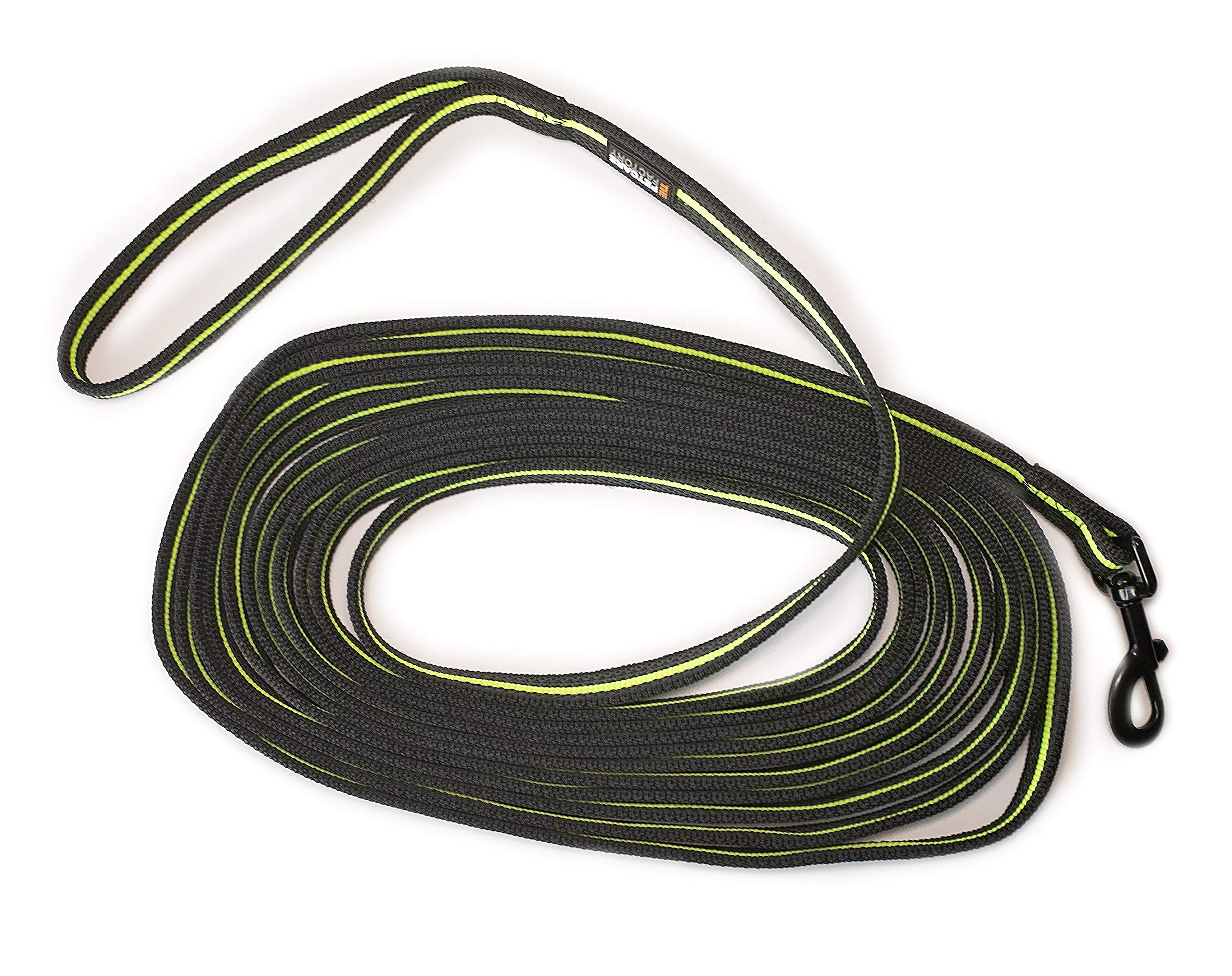The Petcare Factory 7.5 metre, 2.5 cm Polyester Long Line Training Lead with Rubber Non-Slip Thread (Black/Neon Green)
