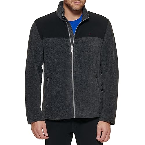 Tommy Hilfiger Mens Classic Zip Front Polar Fleece Jacket, Black/Charcoal, X-Small US