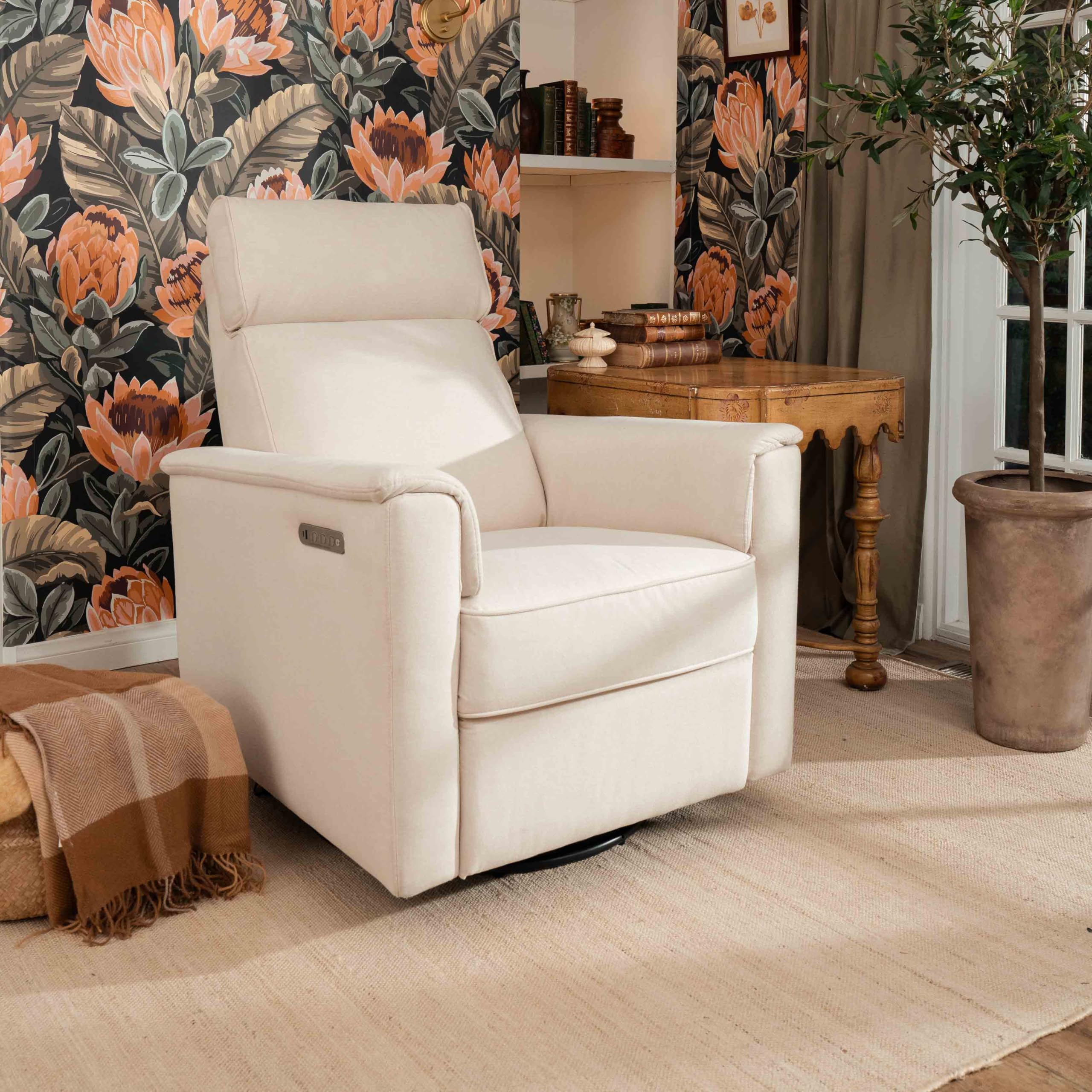 Photo 1 of ** NO RETURN *** Namesake Willa Pro Power Recliner and Swivel Glider in Performance Cream Eco-Weave, Built-in USB Charging Port, Adjustable Headrest and Lumbar Support | Greenguard Gold and CertiPUR-US® Certified