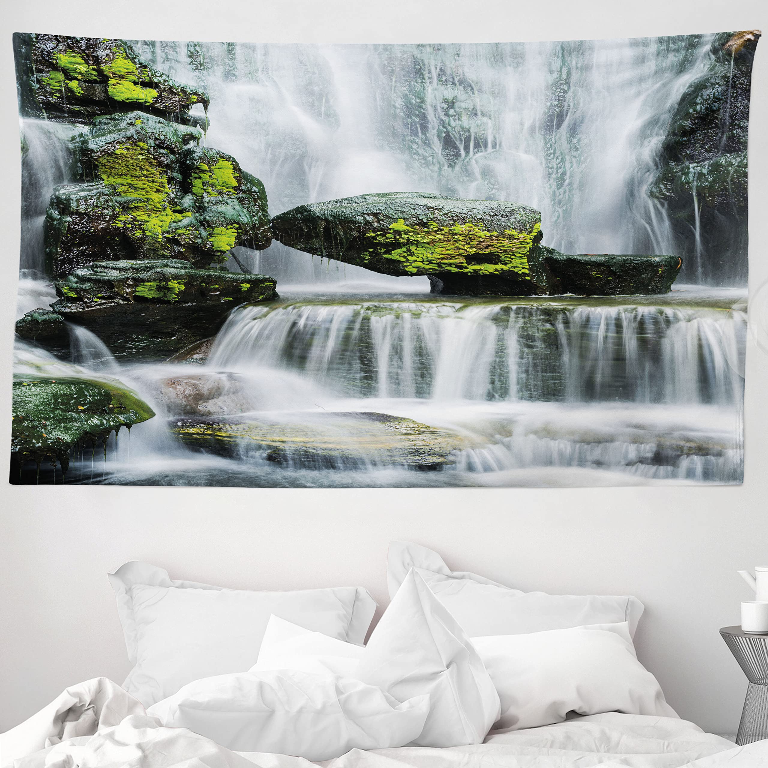 ABAKUHAUS Waterfall Tapestry, Majestic River Blocked Massive Rocks Moss on Them Photo, Fabric Wall Hanging Decor for Bedroom Living Room Dorm, 90 W X 54 L, Green