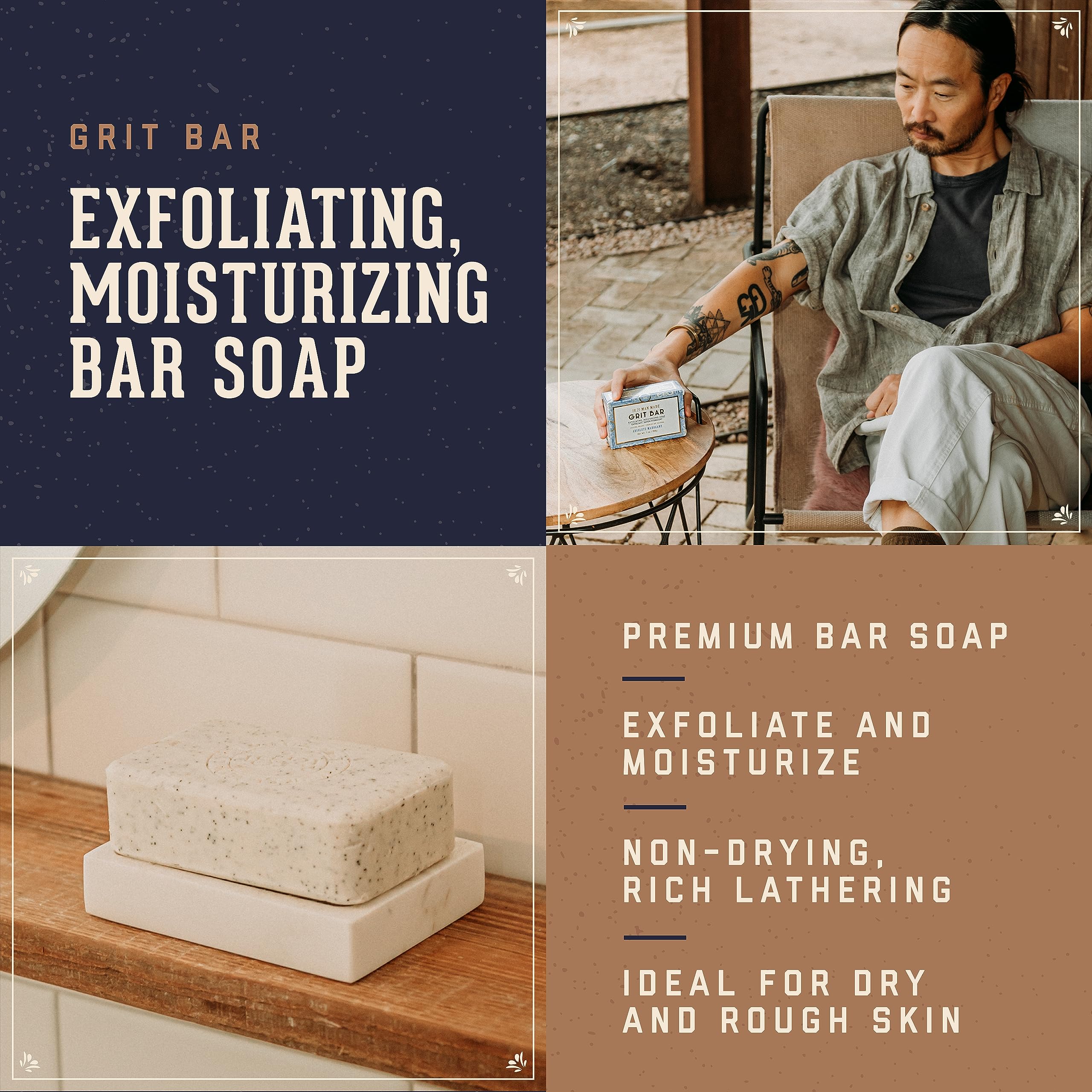 18.21 Man Made Men's Deep Cleansing Soap Bar 7 oz. - Activated Charcoal for Oily/Acne Prone Skin, or Exfoliating Scrub Bar with Jojoba Beads, 2 Scents, Natural Premium Men's Grooming