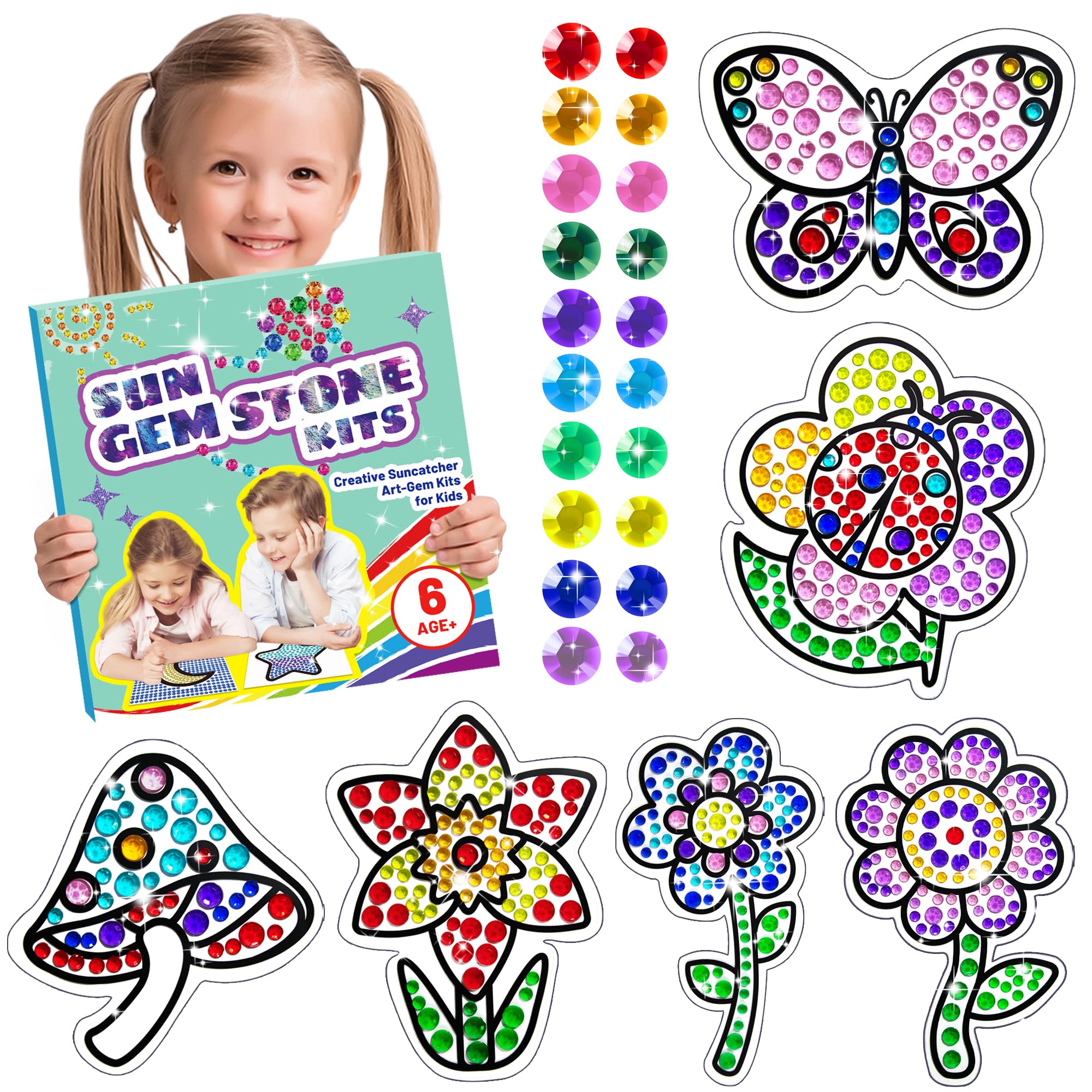 atydkug Suncatcher Craft Sets for Children, Craft DIY Diamond Toys for Girls, 6 Pieces Flowers Gemstone Art Painting Sets by Numbers 5D Gemstone Diamond Art Craft Kits for Boys 6-12