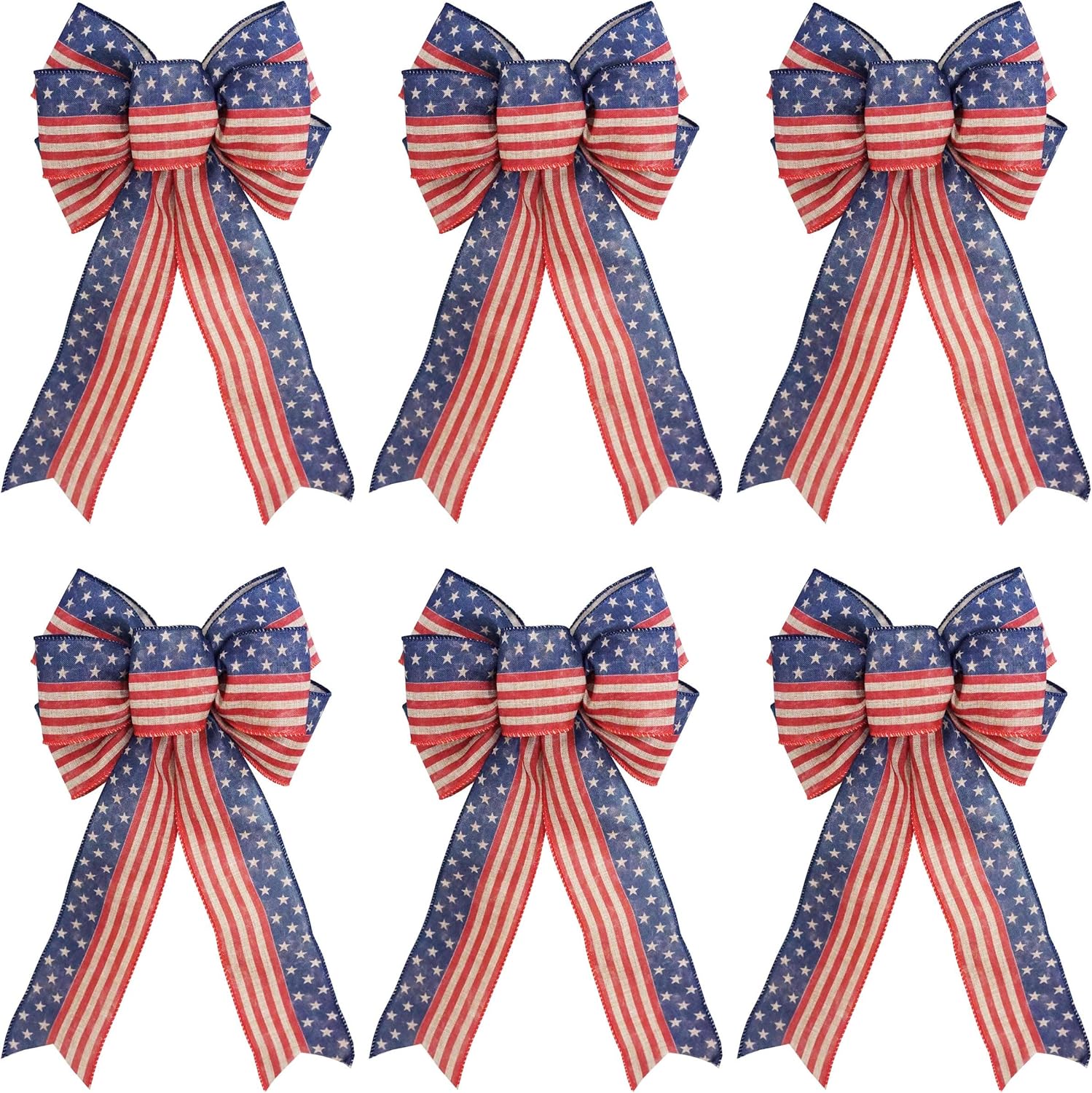 Bows & Ribbons - 6 pcs Patriotic Bow for 4th July Decorations, Burlap Patriotic Wreath Bow, Patriotic Party Supplies, Memorial Day Red Beige and Blue Star Bow (8x12.5 inches)…