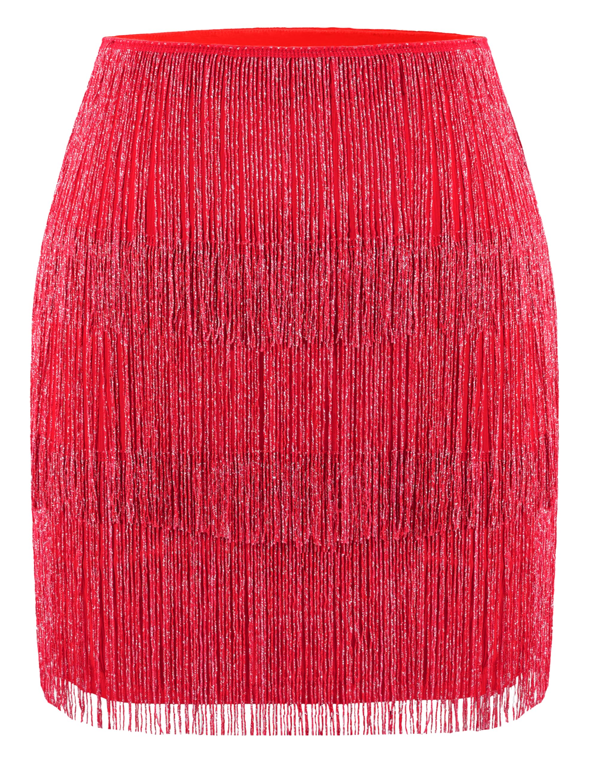 Photo 1 of MANER Women’s Fringe Skirt Stretchy Sparkly Bodycon Tassel Trim Mini Skirt (Large, Sparkly Red)
