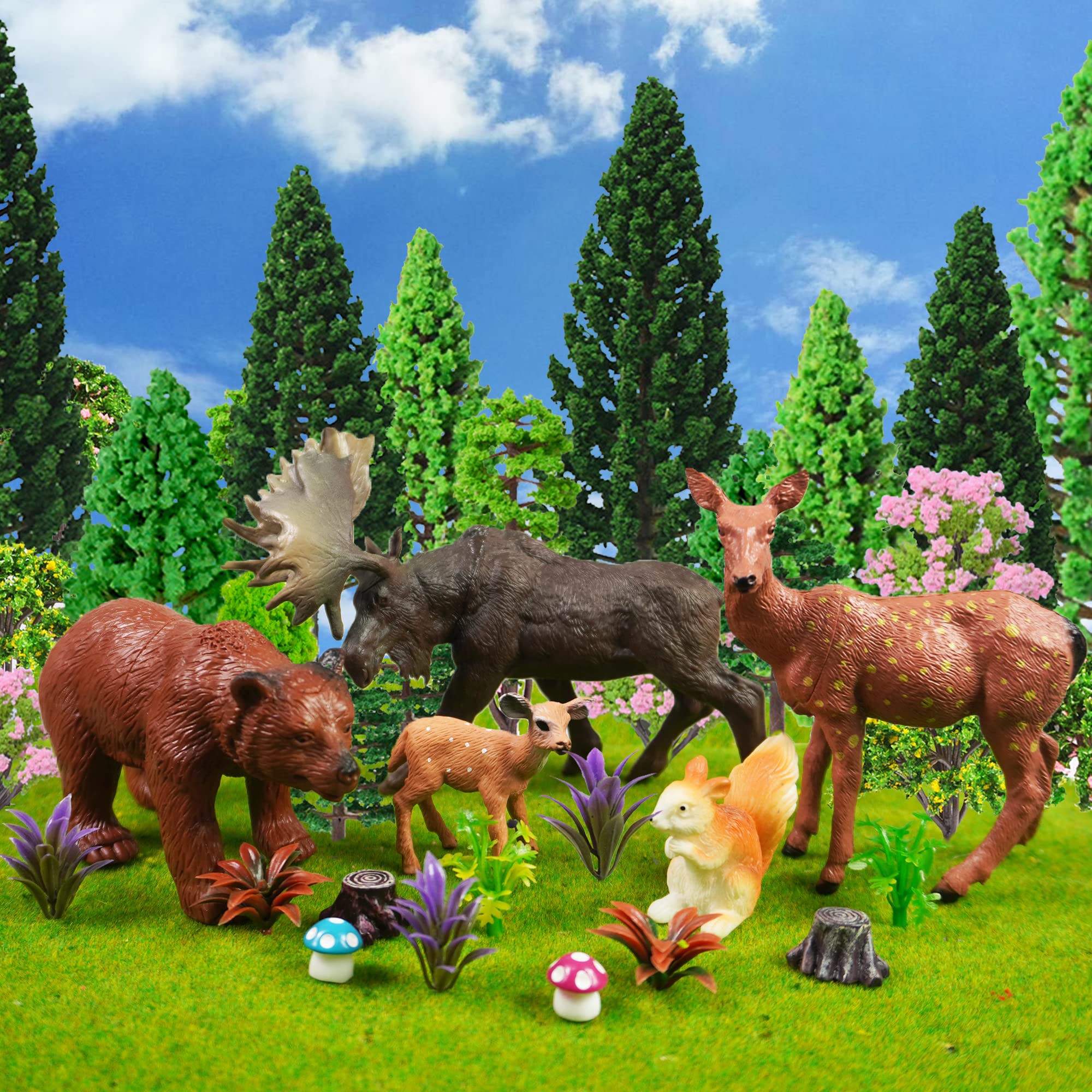 Photo 1 of 40 PCS Woodland Animals Figures Model Trees, 5 Pcs Animal Toy Figurines and 35 Pcs Mixed Plastic Trees Forest for Woodland Cake Toppers Decorations Birthday Party Supplies