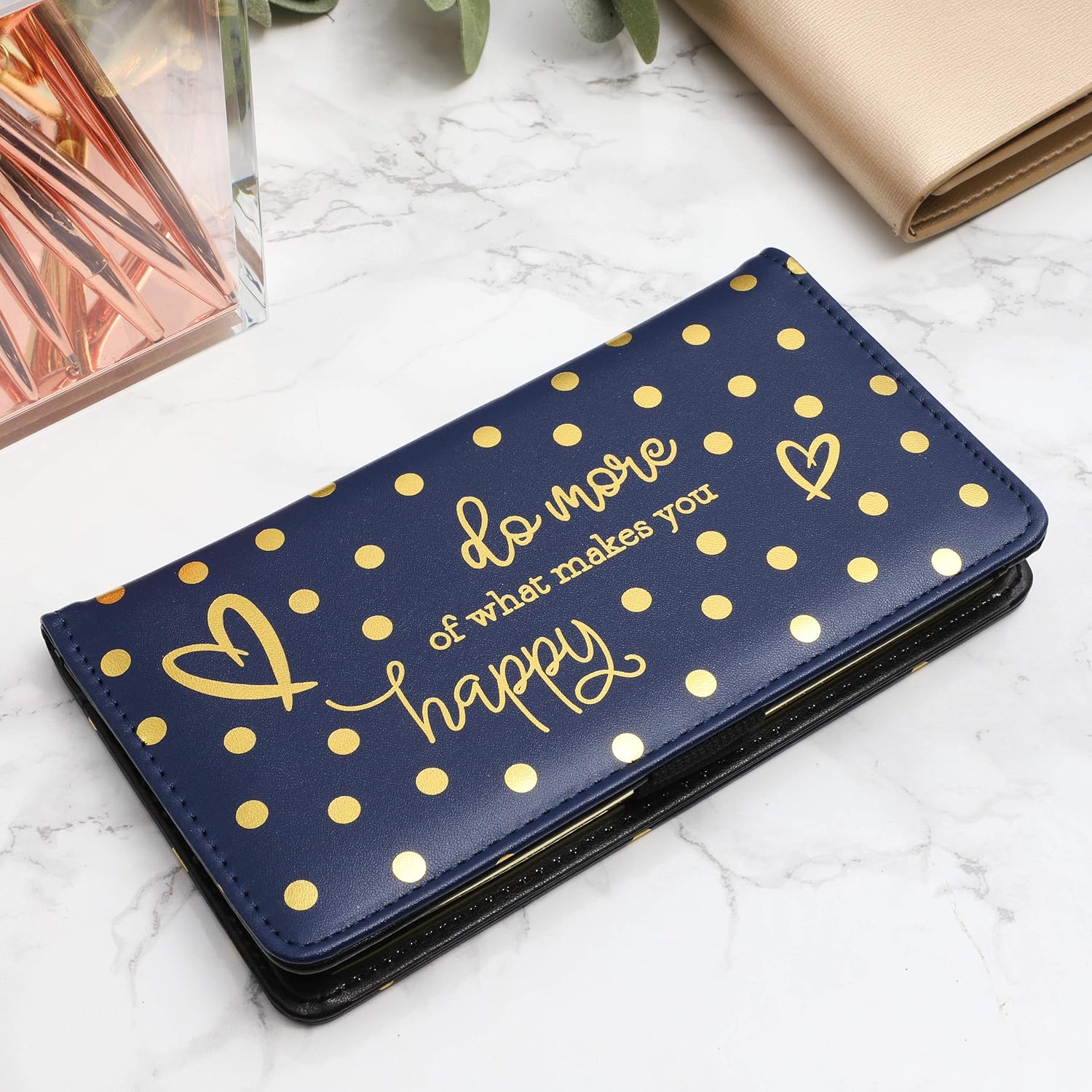 RFID Blocking Checkbook Cover, Blue Wallet with Foil Polka Dots (7 x 3.75 In)