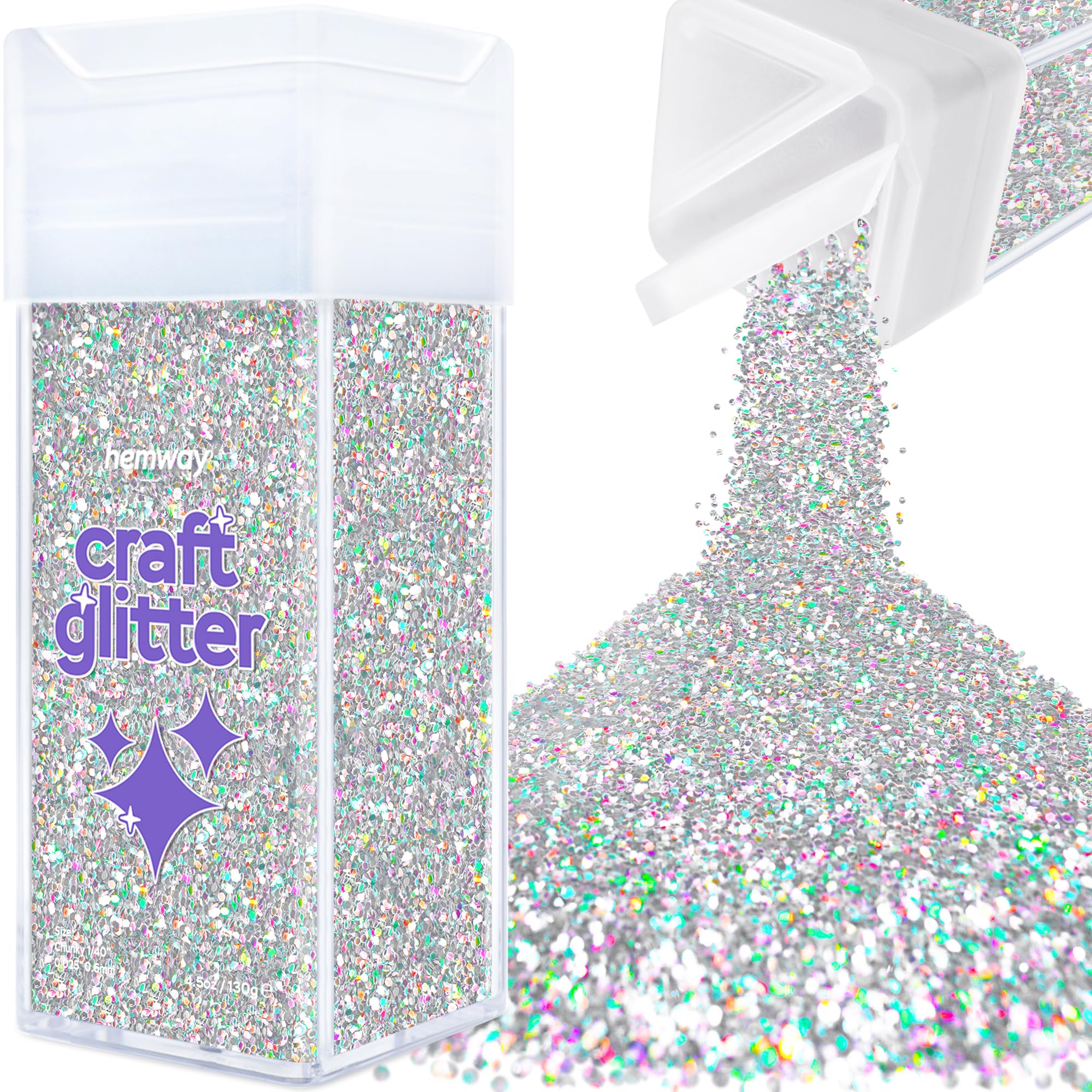 Hemway Glitter Shaker Silver Holographic 110g Chunky, Craft Glitter Shaker for Resin & Epoxy Crafts, Christmas Art Supplies, Nail, Body, Face, Eye, Festival, Crafting, Slime, Sparkle