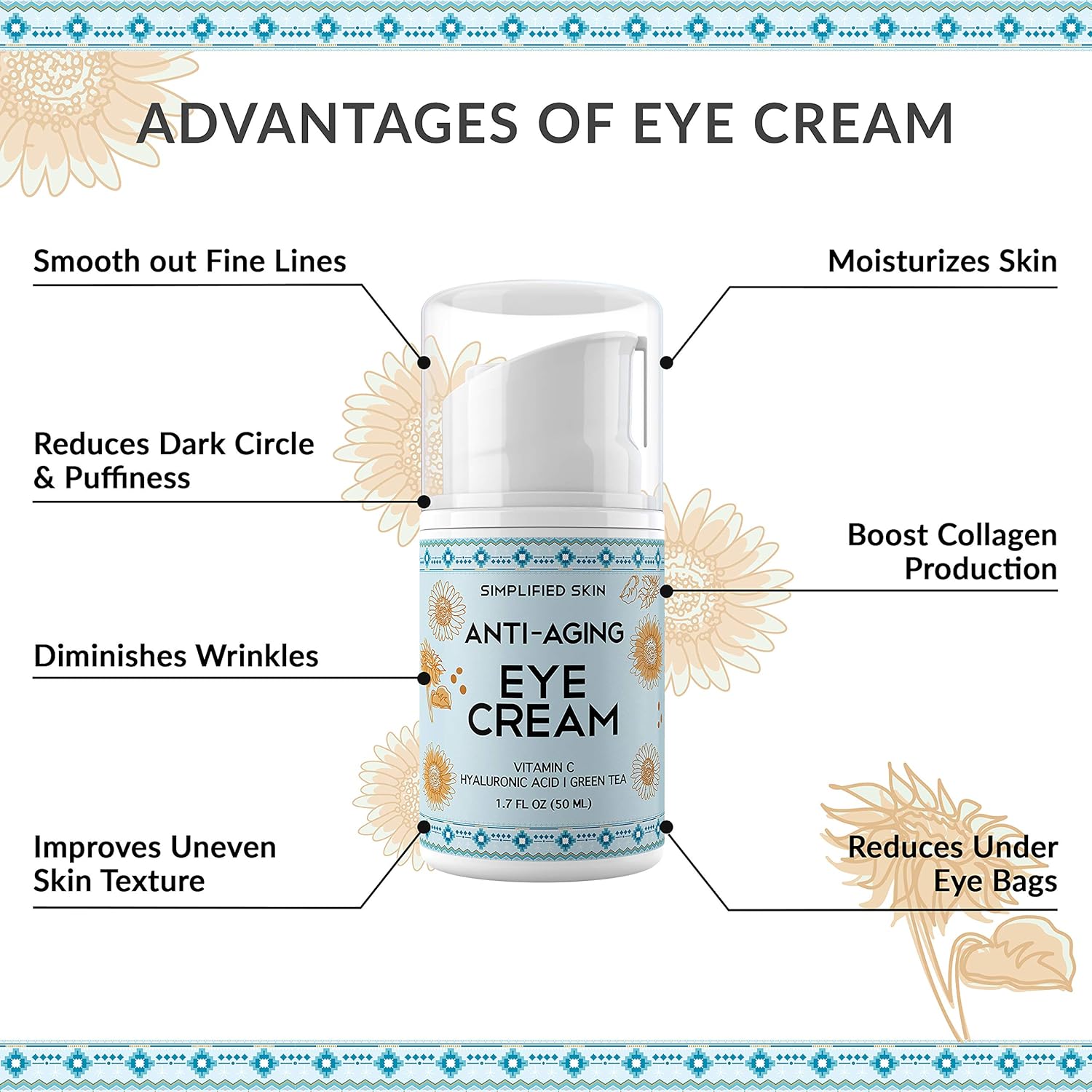 Anti-Aging Eye Cream for Dark Circles, Wrinkles, Bags & Puffiness. Best Under & Around Eyes Anti-Aging Treatment with Vitamin C, Hyaluronic Acid, Green Tea & Organic Rosehip oil by Simplified Skin 1.7 oz: Beauty