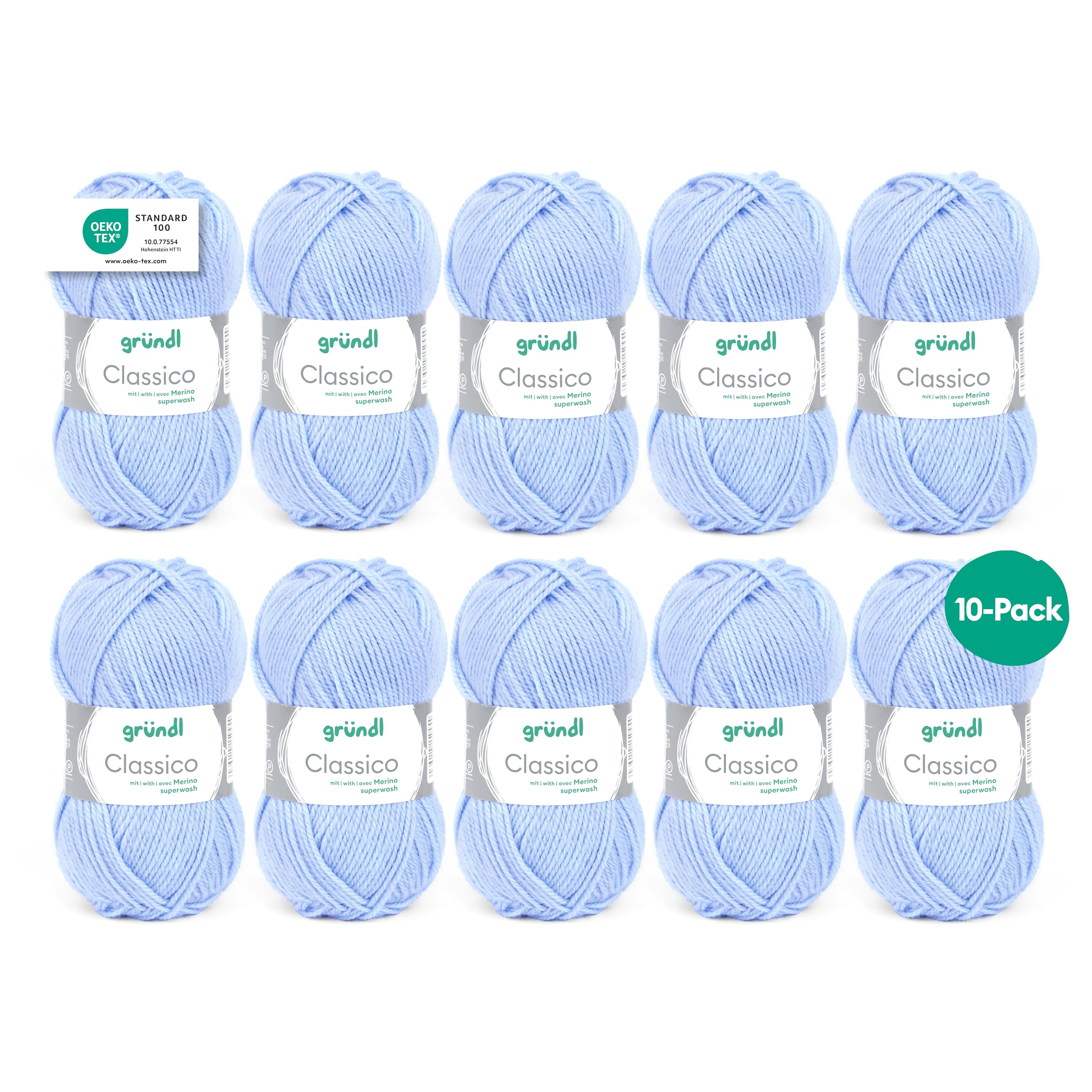Gründl Classico Wolle (Oeko-TEX® Certified Knitting/Crochet Yarn Made of 50% Pure New Wool (Merino Superwash) & 50% polyacrylic, 50 g/120 m, Needle Size: 3.5-4.5, 10 Balls á 50 g), Light Blue