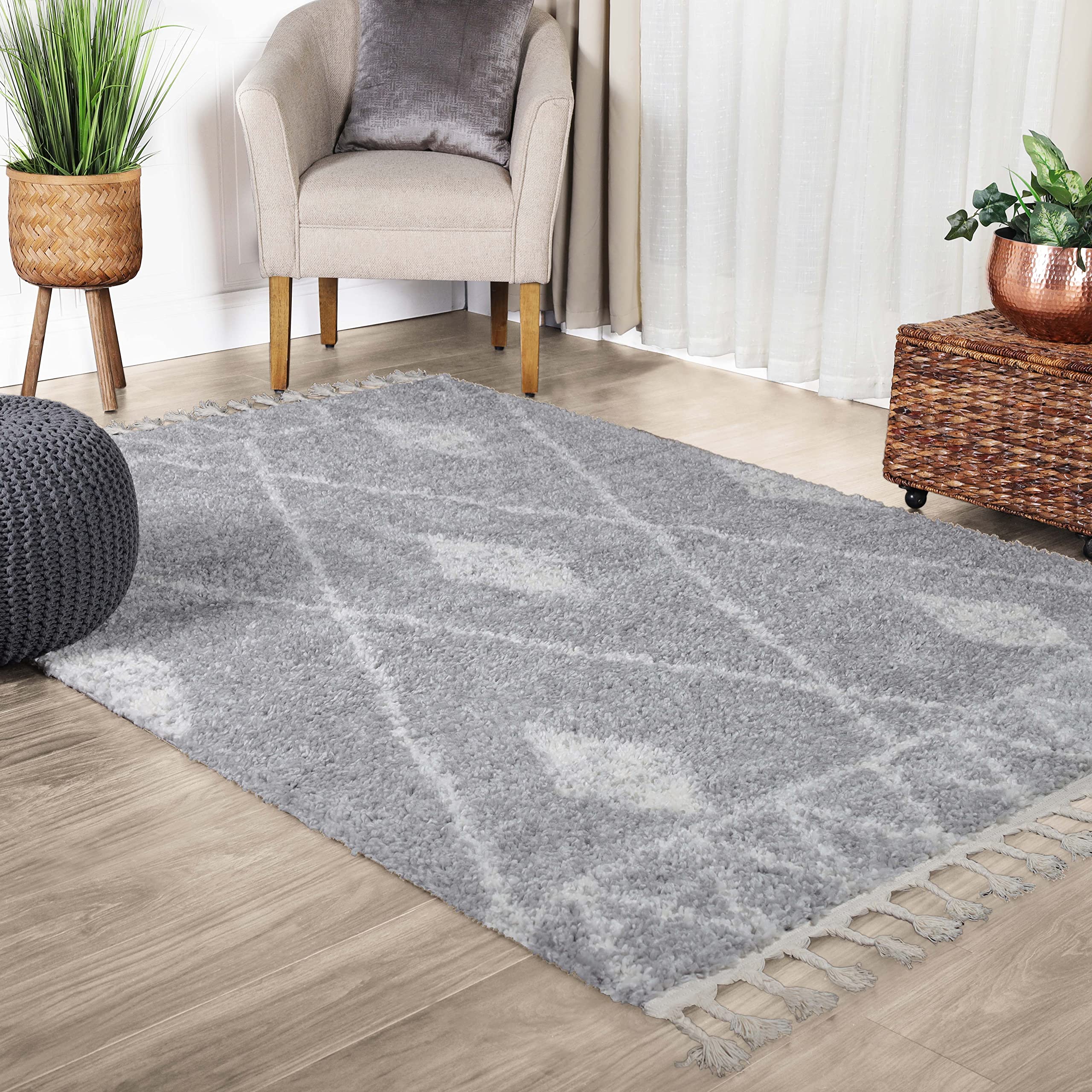 Photo 1 of Superior Indoor Area Rug Perfect for Bedroom, Laundry Room, Entryway, Playroom, Nursery, Fluffy Carpet Cover, Modern Geometric Diamond Lattice Shag SERA Collection, 8' x 10', Light Grey & Ivory