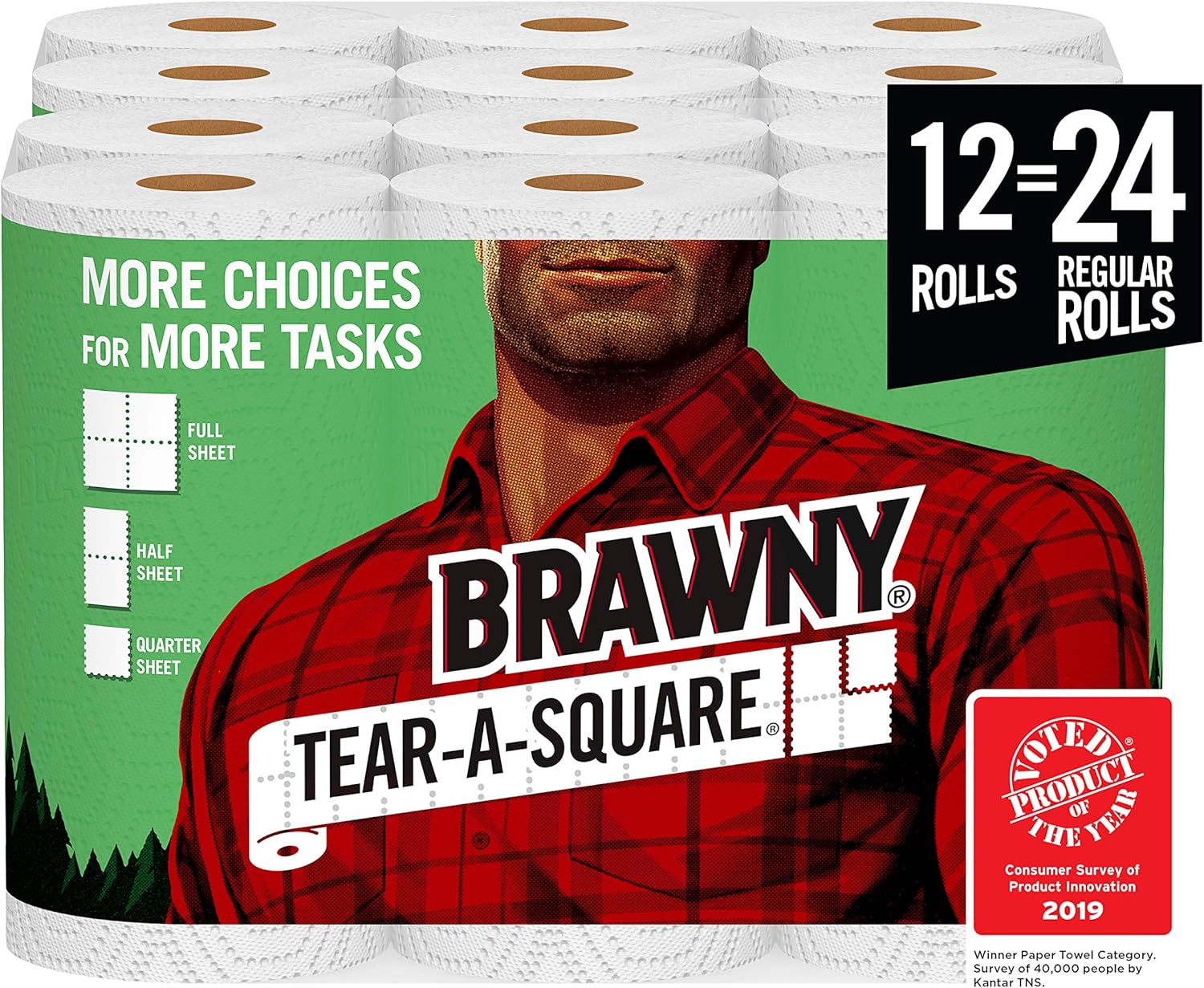 Brawny TearASquare Paper Towels, 12 = 24 Regular Rolls, 3 Sheet Size