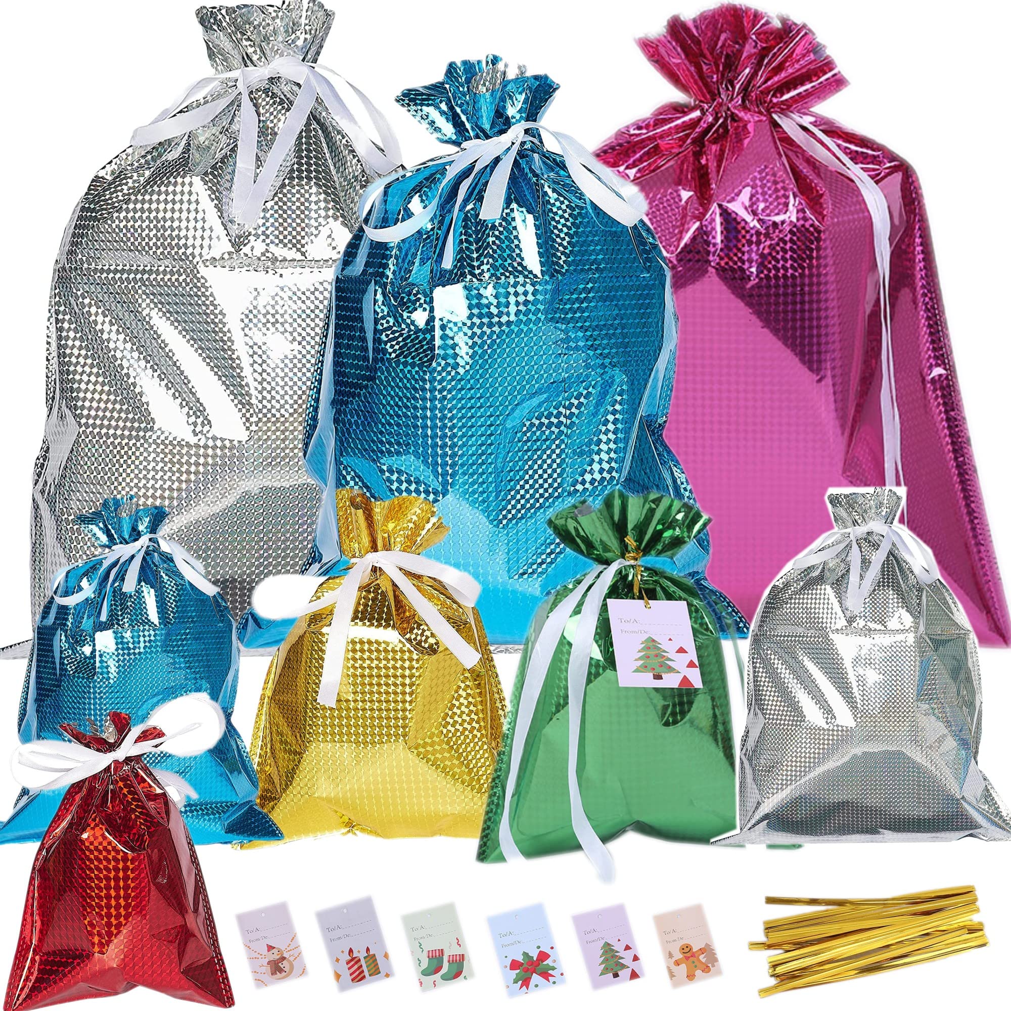 15Pcs Gift Drawstring Bags Multipack Present Goody Wrapping Bags in 5 Sizes 6 Colors with Ribbons & Tags Resuable Birthday Christmas Holiday Party Favor Supplies