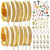 AQNJC Gold Chain for Jewelry Making, 98 Feet 12 Rolls Jewelry Chains with Gold Charms for Women DIY Necklace Bracelet Making Supplies with Jump Rings, Lobster Clasps, Connectors