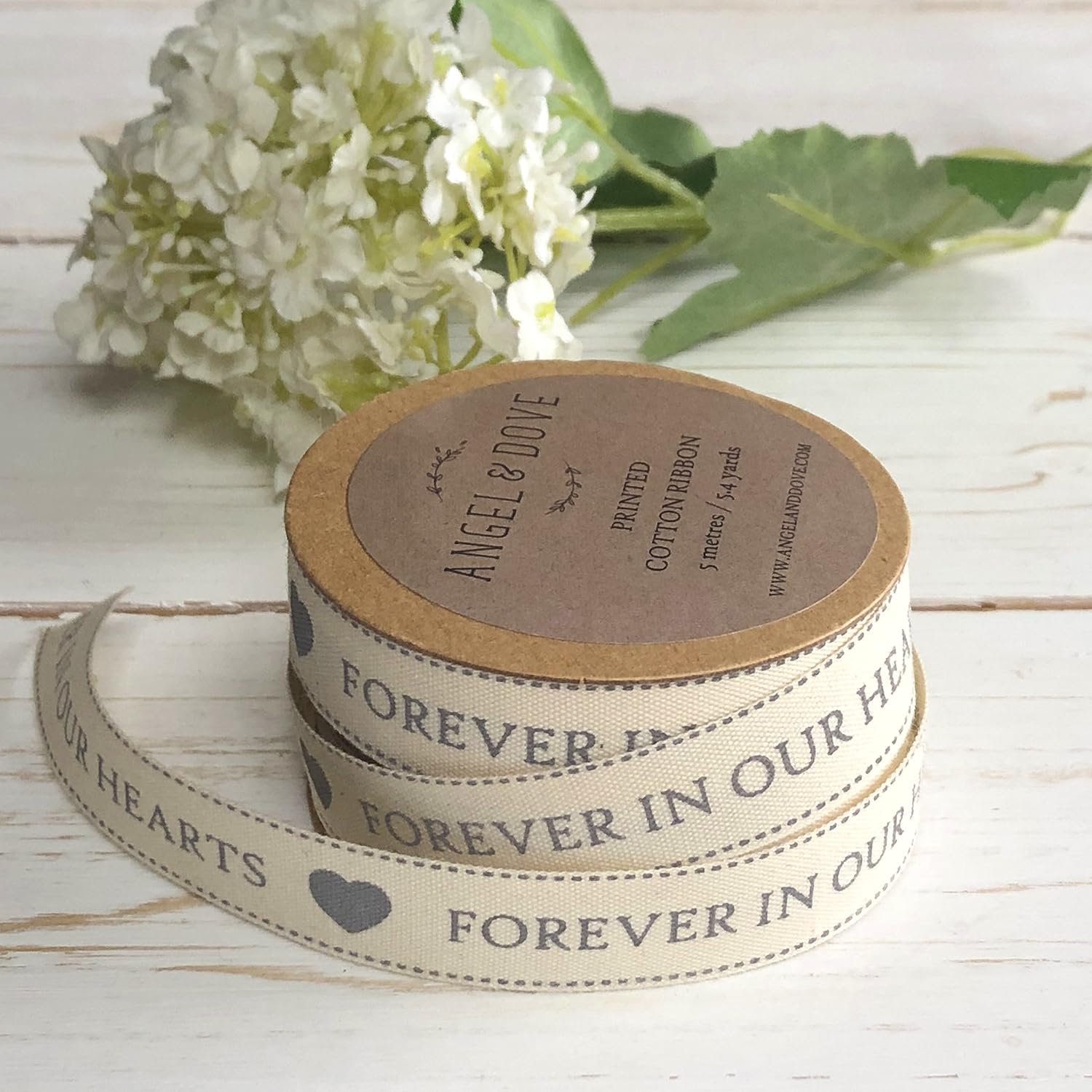 ANGEL & DOVE 5m Roll of 'Forever in Our Hearts' Printed Cotton Ribbon - Ideal for Funeral Favours Sympathy Gift Wrapping - Image 4