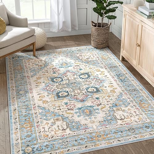 DTICON Washable Rug 6x9 Area Rugs: Boho Vintage Distressed Oriental Medallion Neutral Thin Large Rug Carpet for Living Room Bedroom Dining Room Home Office Decor - Beige Blue