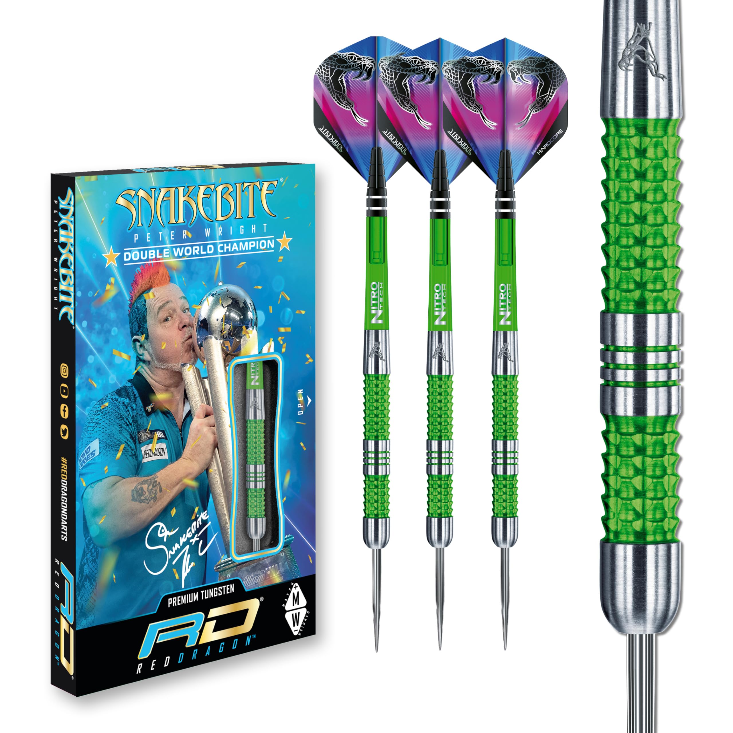RED DRAGON Peter Wright Snakebite Mamba: 22g Tungsten Darts Set with Flights and Stems