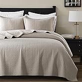 WDCOZY 100% Cotton Queen Size Quilt Set - Beige Box Pick Stitch Soft Lightweight Bedspread, Textured Like Linen, Farmhouse Country Rustic Coverlet, Shabby Chic Gauze Bedding, 3 Pieces
