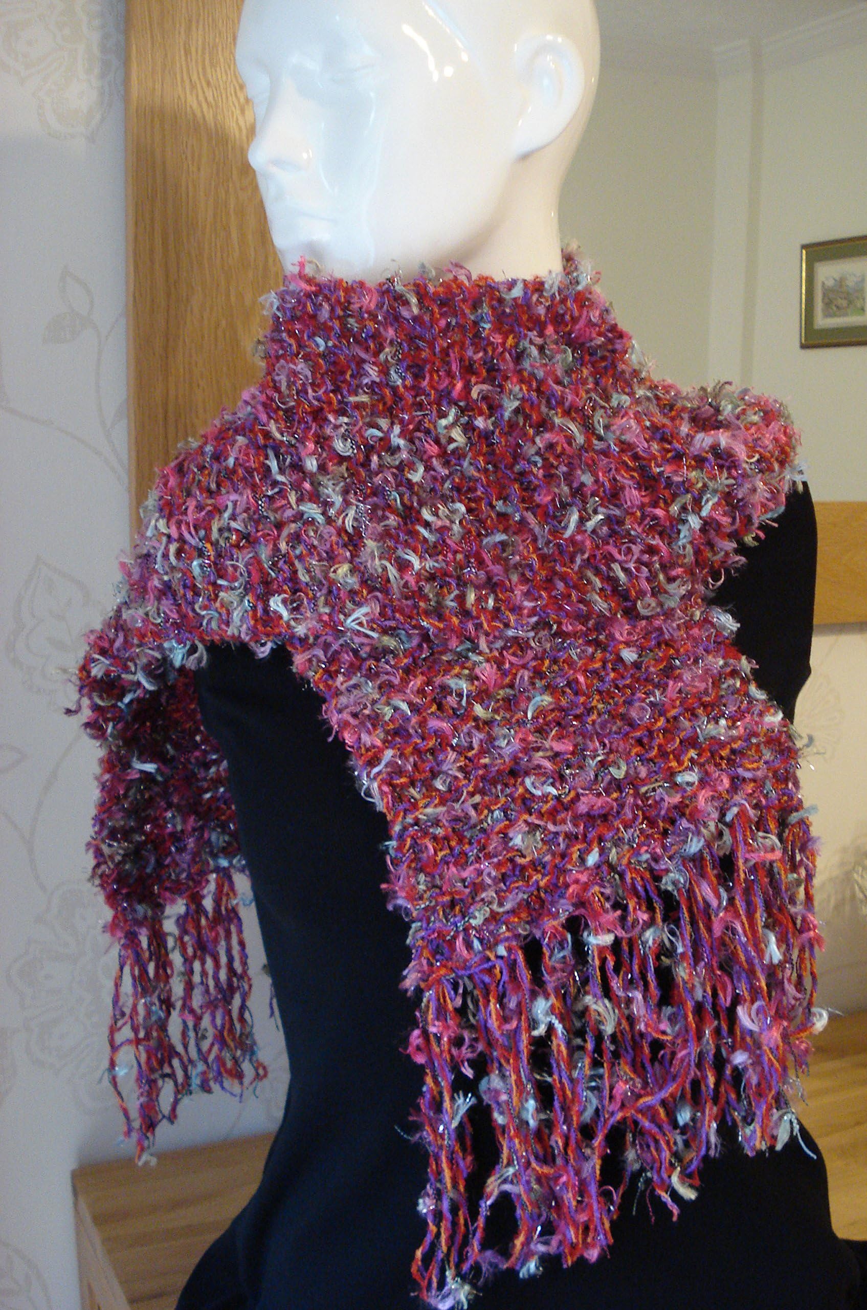 Coral Pink Sparkle Scarf Hand Knitted With Tufts of Pale Blue, Green and Pink