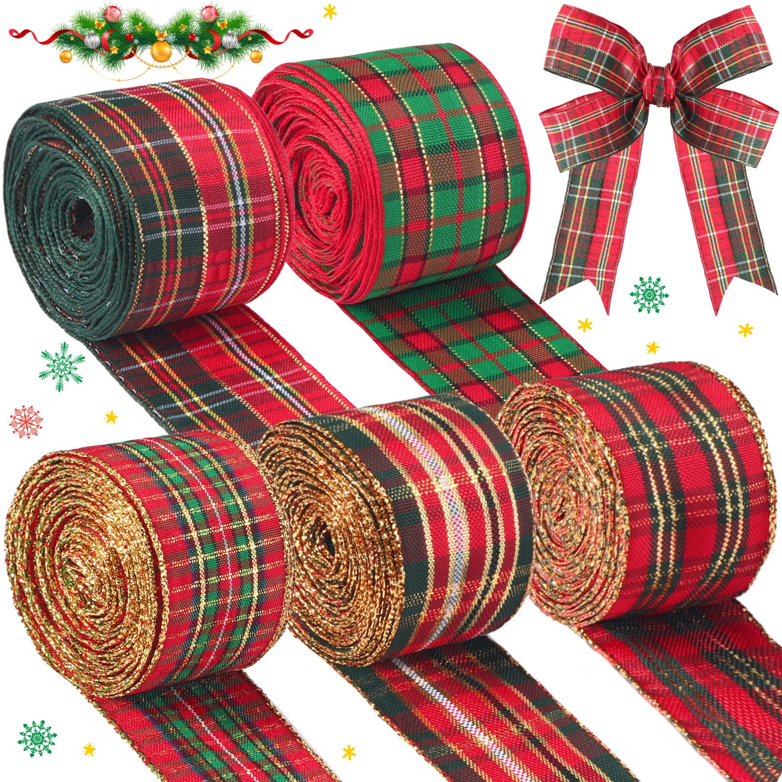 Tatuo 5 Rolls 30 Yards Christmas Red Plaid Ribbon Gingham Check Wired Edge Wrapping Ribbon Tartan Decor for Christmas DIY Crafts Present Wrapping Gift Home Decorations Bows(1.6 Inch Wide)