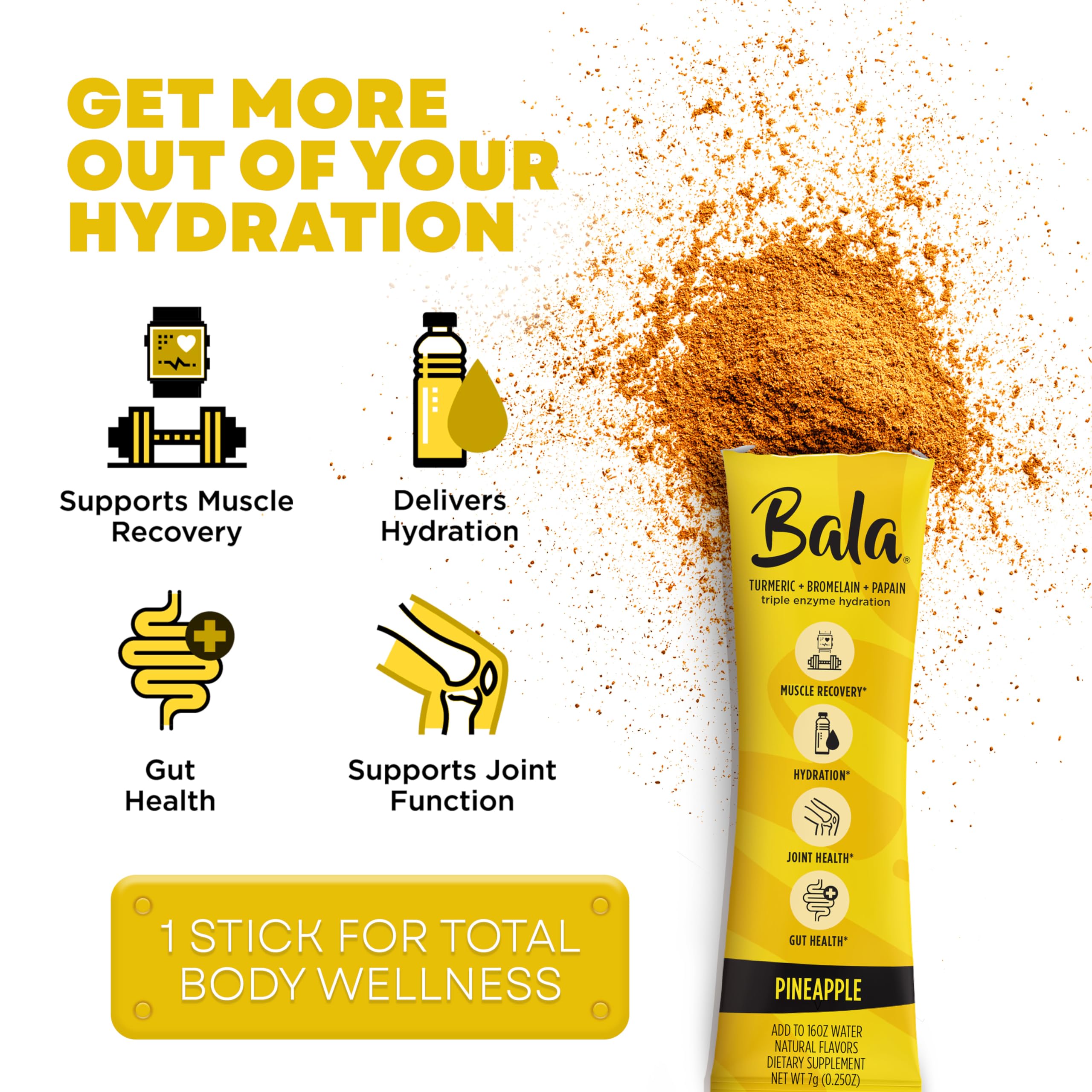 Bala Enzyme Hydration & Sugar-Free Drink Mix - Turmeric, Bromelain, Papain, Immunity, Mobility - Pineapple 0.25oz (10 Count)
