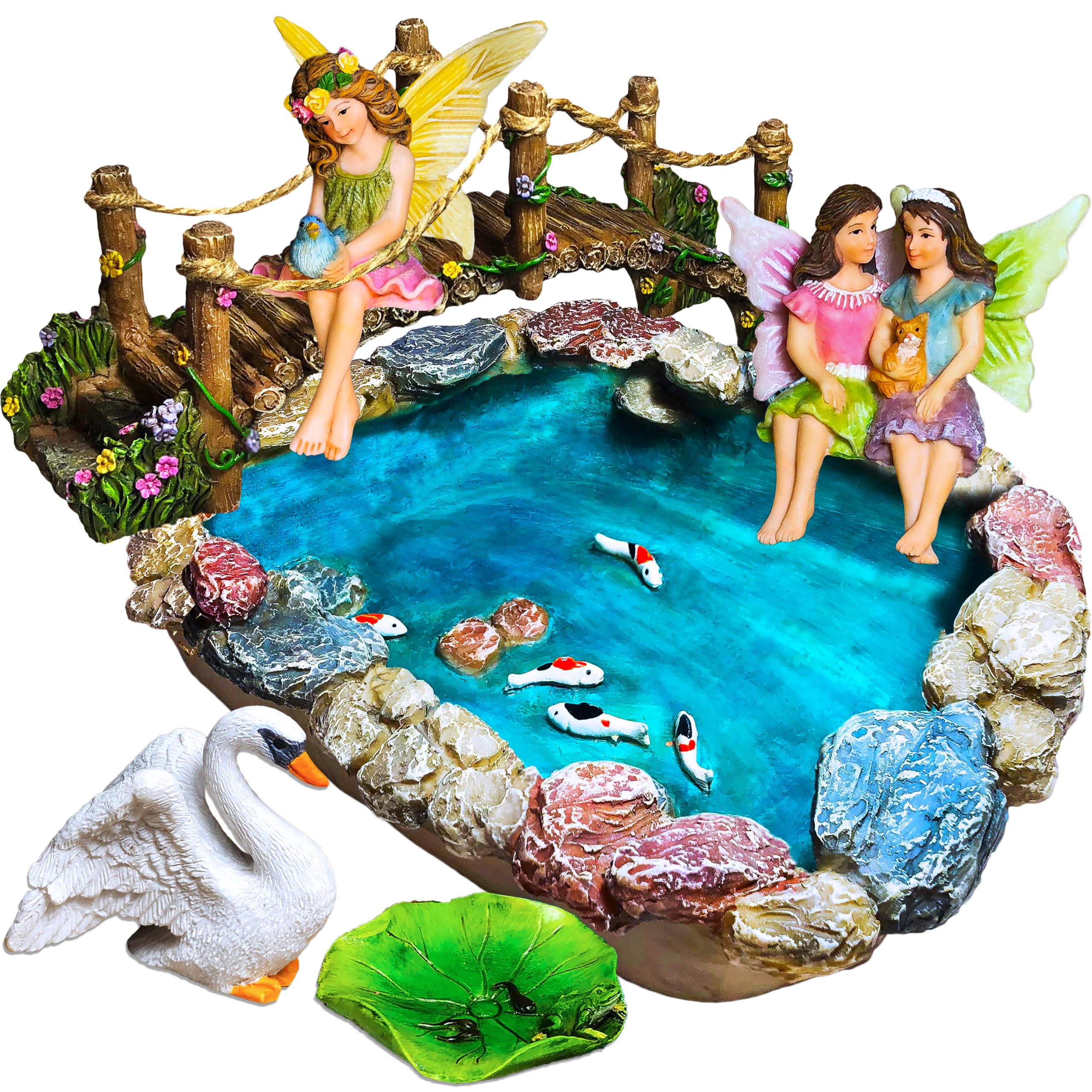 Mood Lab Fairy Garden Fish Pond Kit - Miniature Bridge Set of 6 pcs Fairy Garden Figurines & Accessories - Outdoor or House Decor