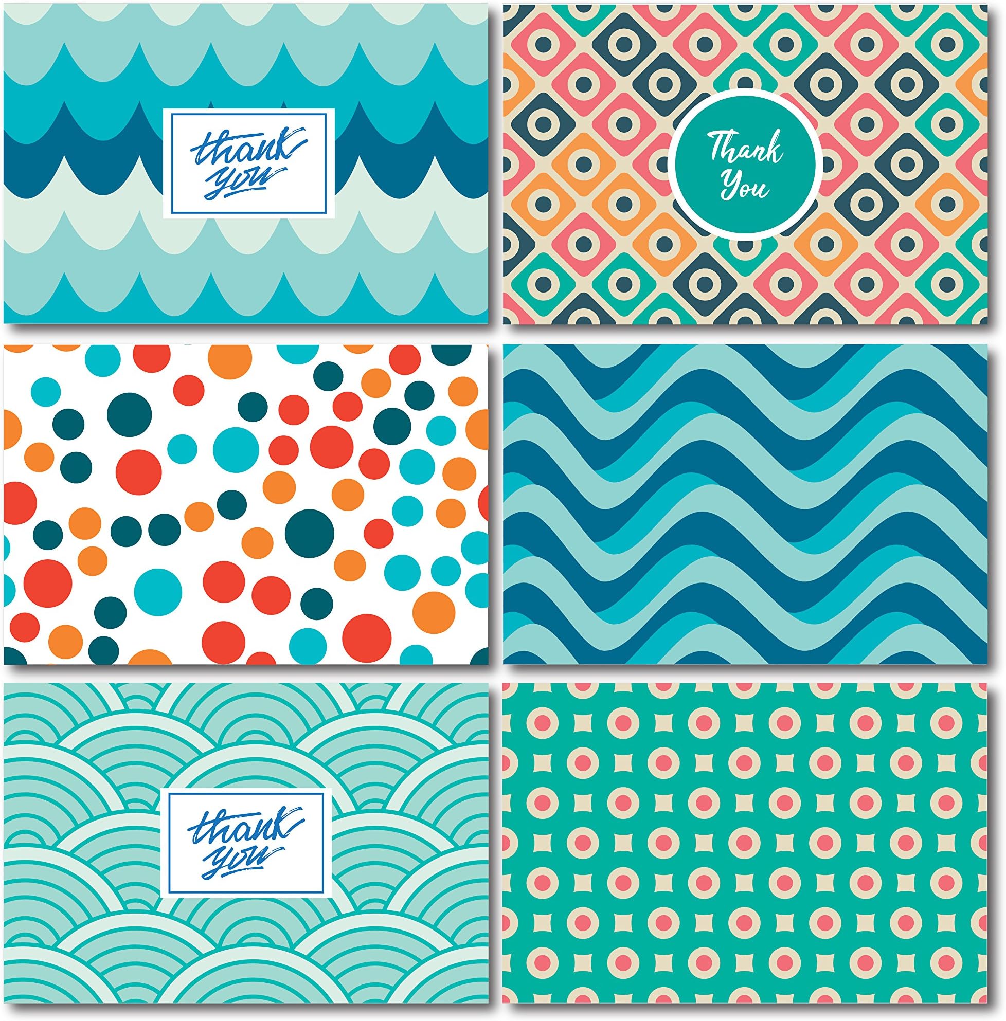 Thank You Cards Naval design w Envelopes | Assorted Geometric Thank You Cards Marine Blue Cyan Colors Designs | 6 Designs 36 Cards | 4x6 inches Graduation, Business, Weddings, Baby Showers