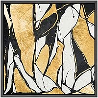 SIGNWIN Framed Canvas Wall Art Black, Gold, White Lines and Color Blocks Abstract Brushstroke Oil Painting Modern Art Chic Expressive for Living Room, Bedroom, Office - 16x16 inches