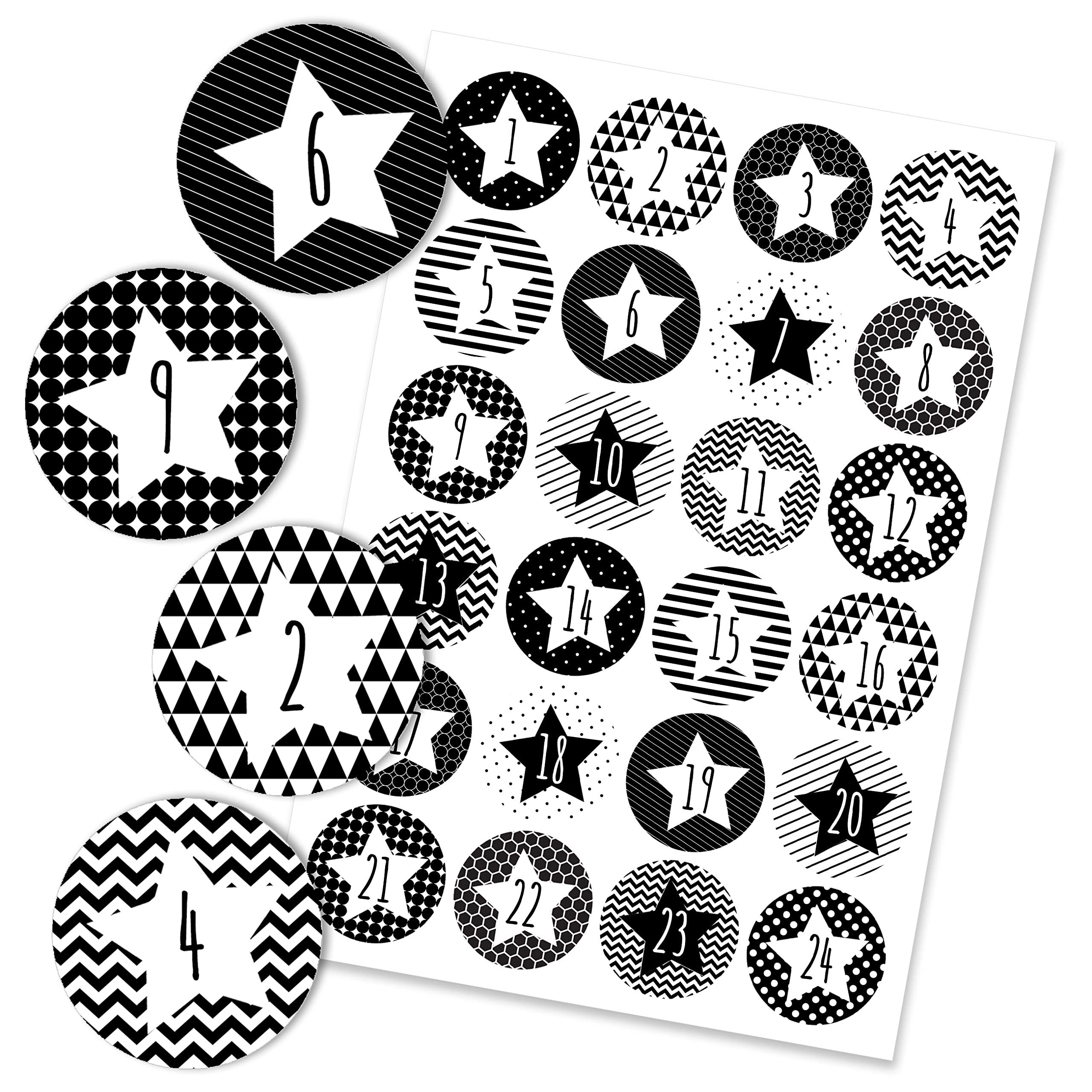 Papierdrachen 24 Advent calendar number stickers black and white geometric stars No. 30 - stickers - for you to assemble and decorate