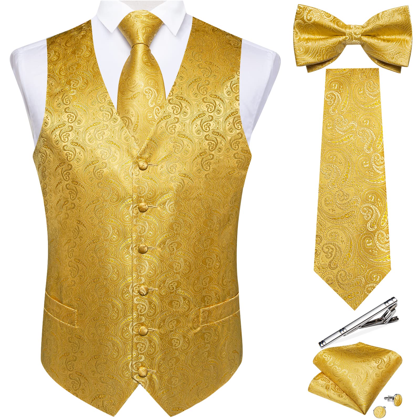 DiBanGu Men's Gold Floral Vest and Necktie Set 6PCS Pre-tied Bow Tie Silk Formal Waistcoat for Wedding Party, Gold, M Image