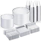 WELLIFE 600 PCS Silver Disposable Dinnerware Set for 100 Guests, Wedding Reception Plates & Silver Plastic Tableware, Dinner & Salad Plates, Cups, Forks, Knives & Spoons for Weddings & Elegant Events
