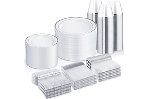 WELLIFE 600 PCS Silver Disposable Dinnerware Set for 100 Guests, Wedding Plates Silver Plastic Plates for Party, 100 Each-Dinner & Salad Plates, Cups, Forks Knives Spoons for Wedding and Anniversary