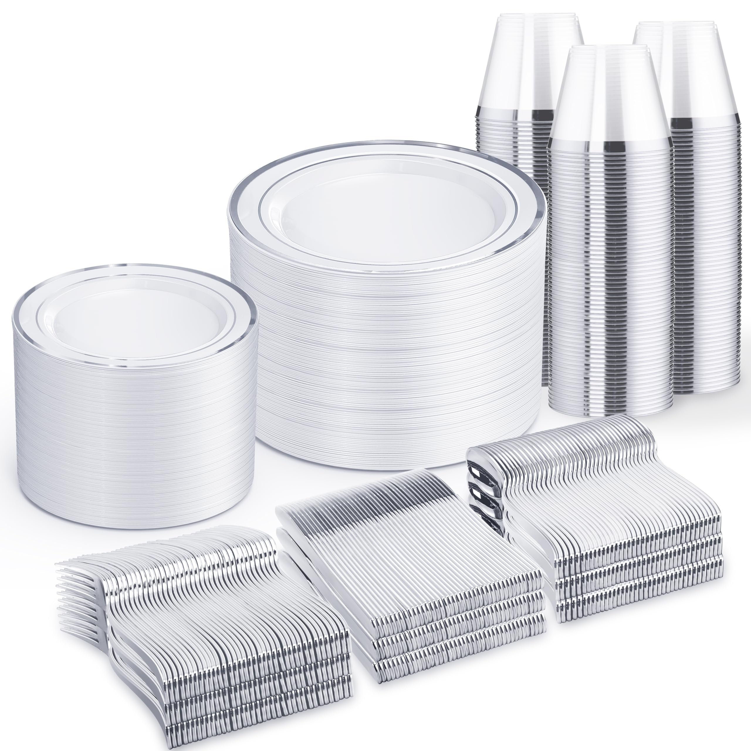 Photo 1 of WELLIFE 600 PCS Silver Disposable Dinnerware Set for 100 Guests, Wedding Plates Silver Plastic Plates for Party, 100 Each-Dinner & Salad Plates, Cups, Forks Knives Spoons for Wedding and Anniversary
