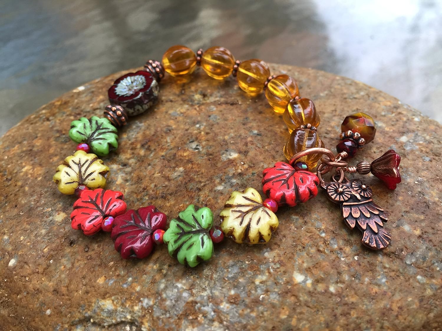 Orange Pumpkin Bracelet, Fall Maple Leaf Bracelet