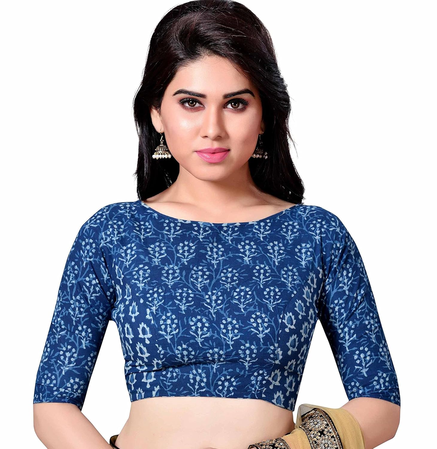studio shringaar latest pure cotton blue jaipuri block printed womens saree blouse with boat neck and elbow length sleeves