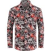 TIXMIE Men's Christmas Santa Claus Reindeer Long Sleeve Button Down Festival Party Shirt