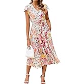 BerryGo Women's Floral Boho Ruffle Summer Midi Dress Short Sleeve V Neck Empire Waist Swing Flowy Dress