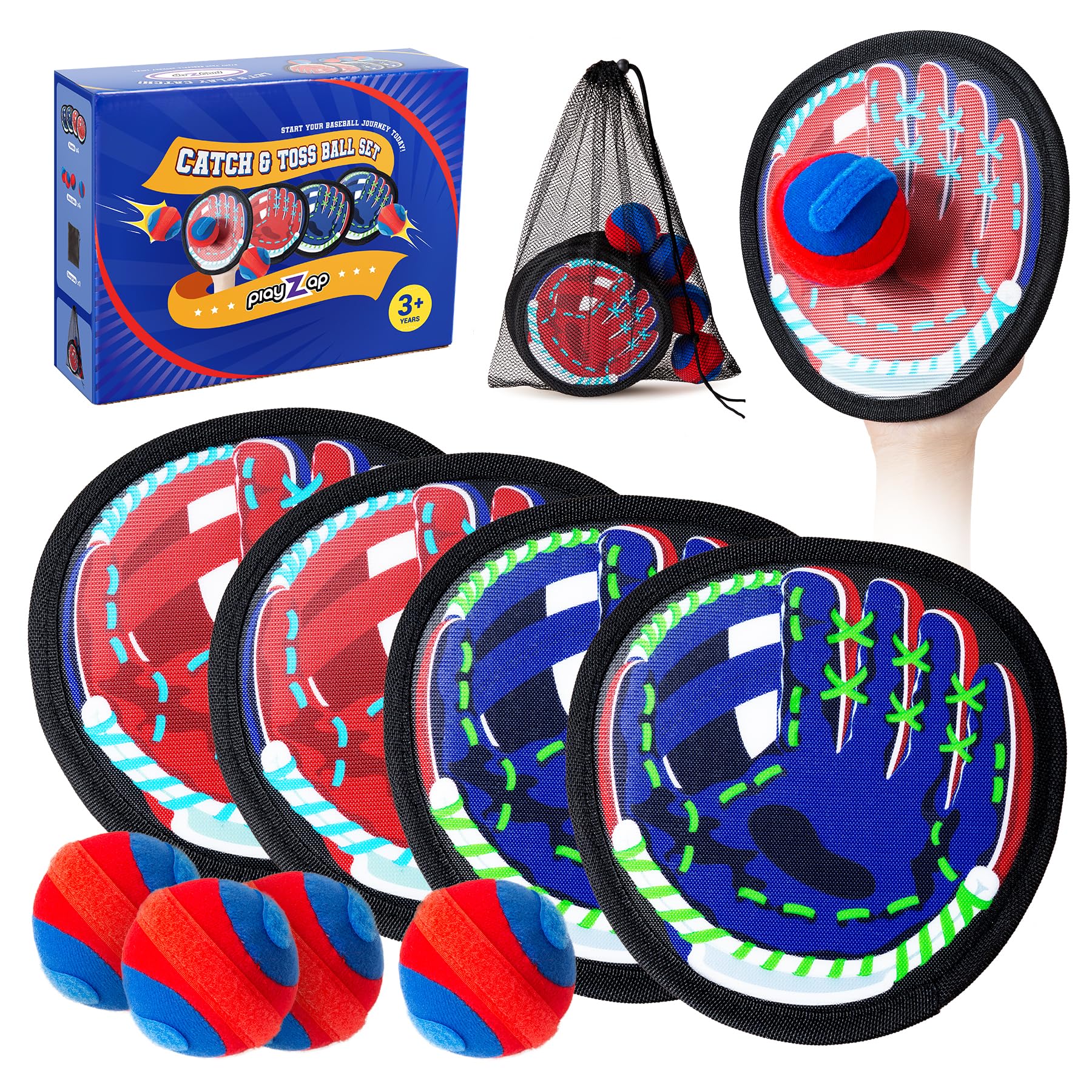 Photo 1 of Playzap Toss and Catch Ball Set - Ultra Soft & Safe Toddler Baseball Gloves Designed for Pain-Free - Kids Games Toys Indoor Outdoor - Great for Yard Beach Pool - Gift for Boys Girls 2-4 5-7 8-10 Years