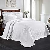 Superior Aspen Cotton Blend 3 Piece Bedspread Set, Oversized Bedspread, 2 Pillow Shams, Medium Weight Blanket, Home Bed Decor, Floral Scalloped, Matelasse Coverlet, Bedding Essential, Queen, White