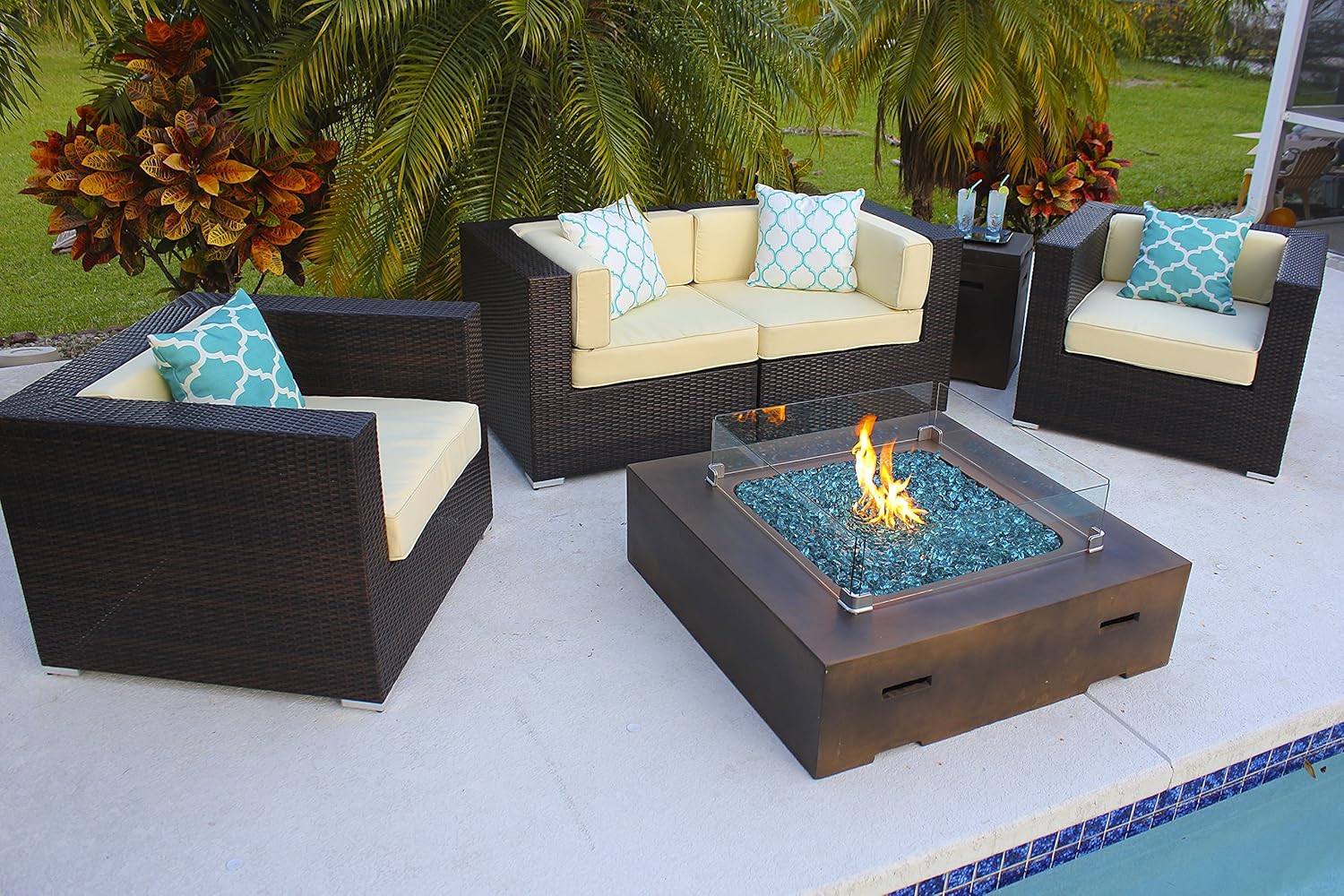 Akoya Outdoor Essentials 42 X 42 Square Modern Concrete Fire Pit Table W Glass Guard And Crystals In Brown Cobalt Blue Patio Lawn Garden Outdoor Heating