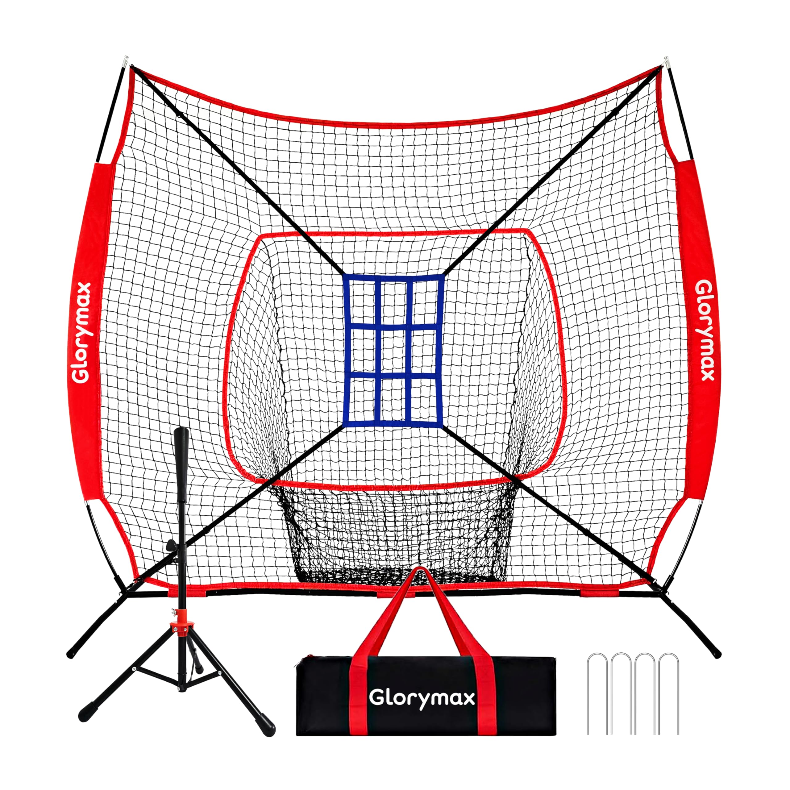 Photo 1 of Baseball Batting Practice Net, 7x7 Ft, with Tee and 9-Hole Strike Zone Target, Portable with Carry Bag (Red)