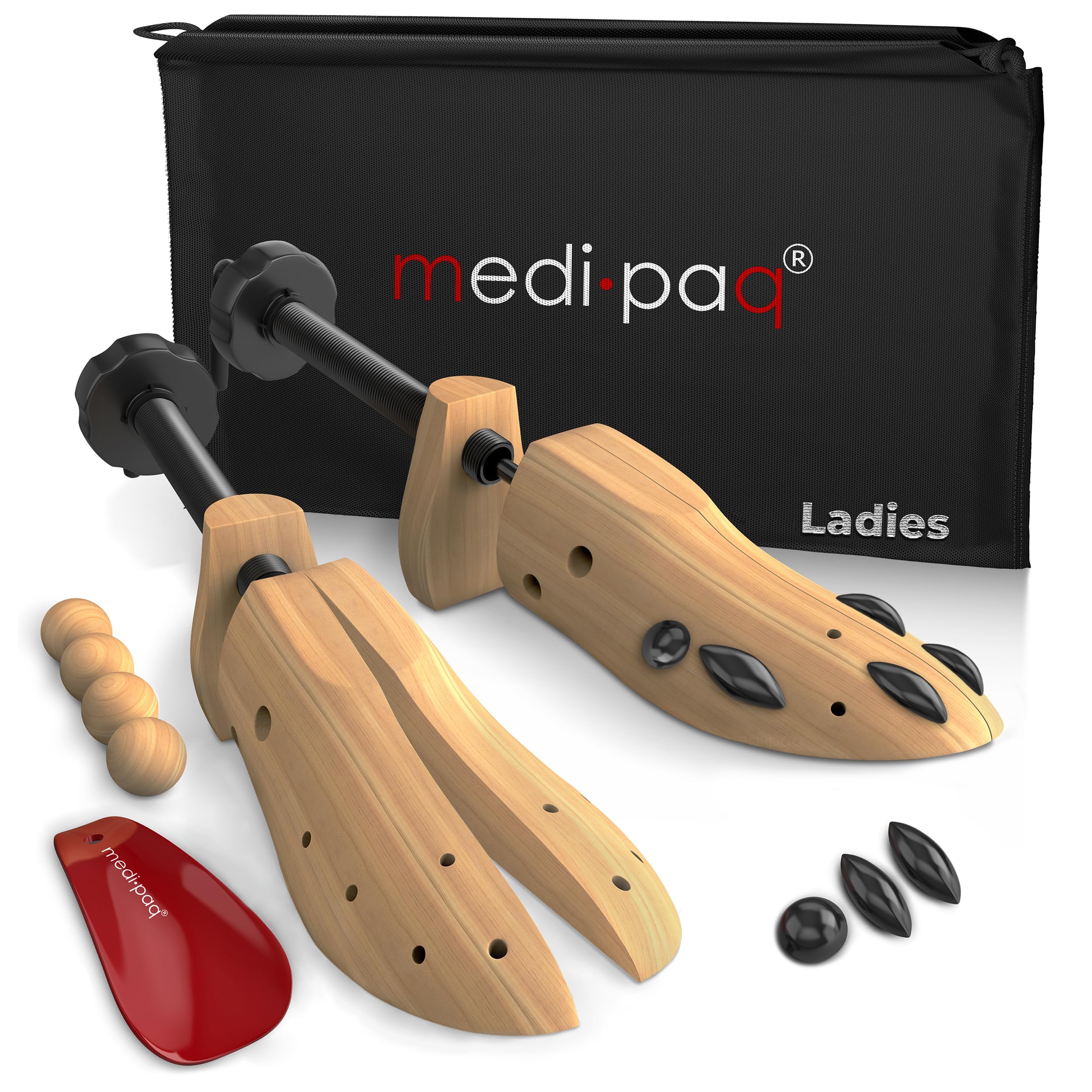 Medipaq - Set of 2 Premium Ladies Pine Shoe Stretchers - UK Size 3-8 Shoe Tree with Cedar Balls and Drawstring Bag - Wooden Shoe Stretchers for Women - Shoe Shaper - Wooden Shoe Trees for Women