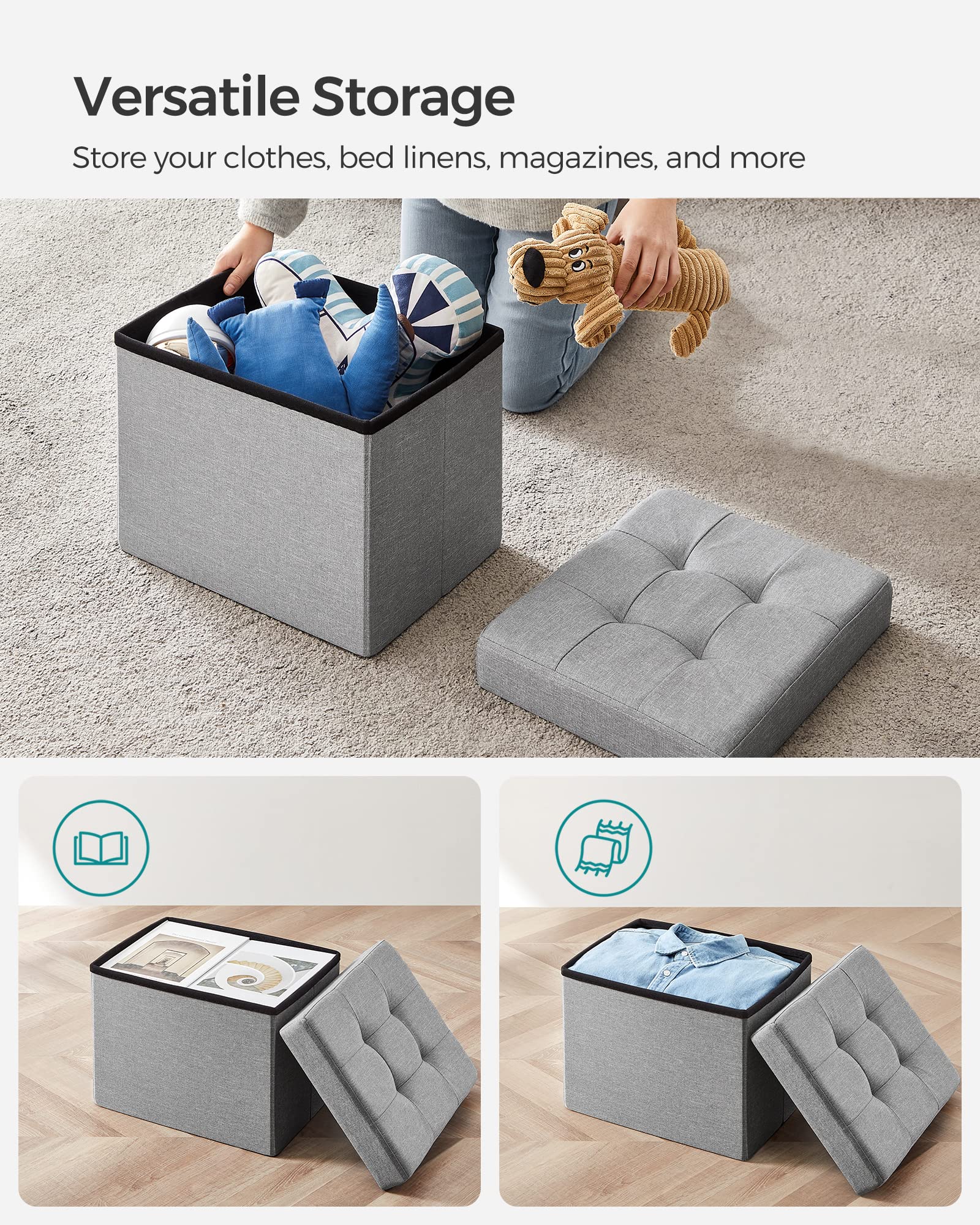 SONGMICS Mazie Collection - Small Folding Storage Ottoman, Foot Rest Stool, 12.2 x 16.1 x 12.2 Inches, 286 lb Load Capacity, for Living Room, Bedroom, Home Office, Dorm, Light Gray ULSF102G02