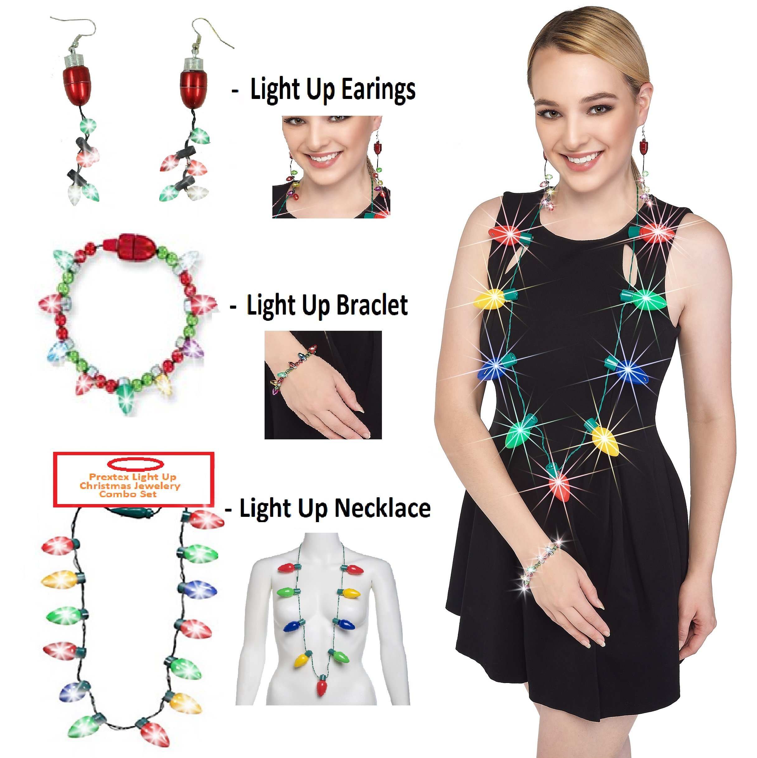 Prextex Christmas LED LightUp Set Flashing Necklace, Bracelet, and
