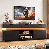 LIKIMIO Black TV Stand for TVs 85 inch, Entertainment Center with Power Outlets & LED Lights, TV Media Console Table with Cabinets, Drawers and Open Storage Shelves, Modern TV Stand for Living Room
