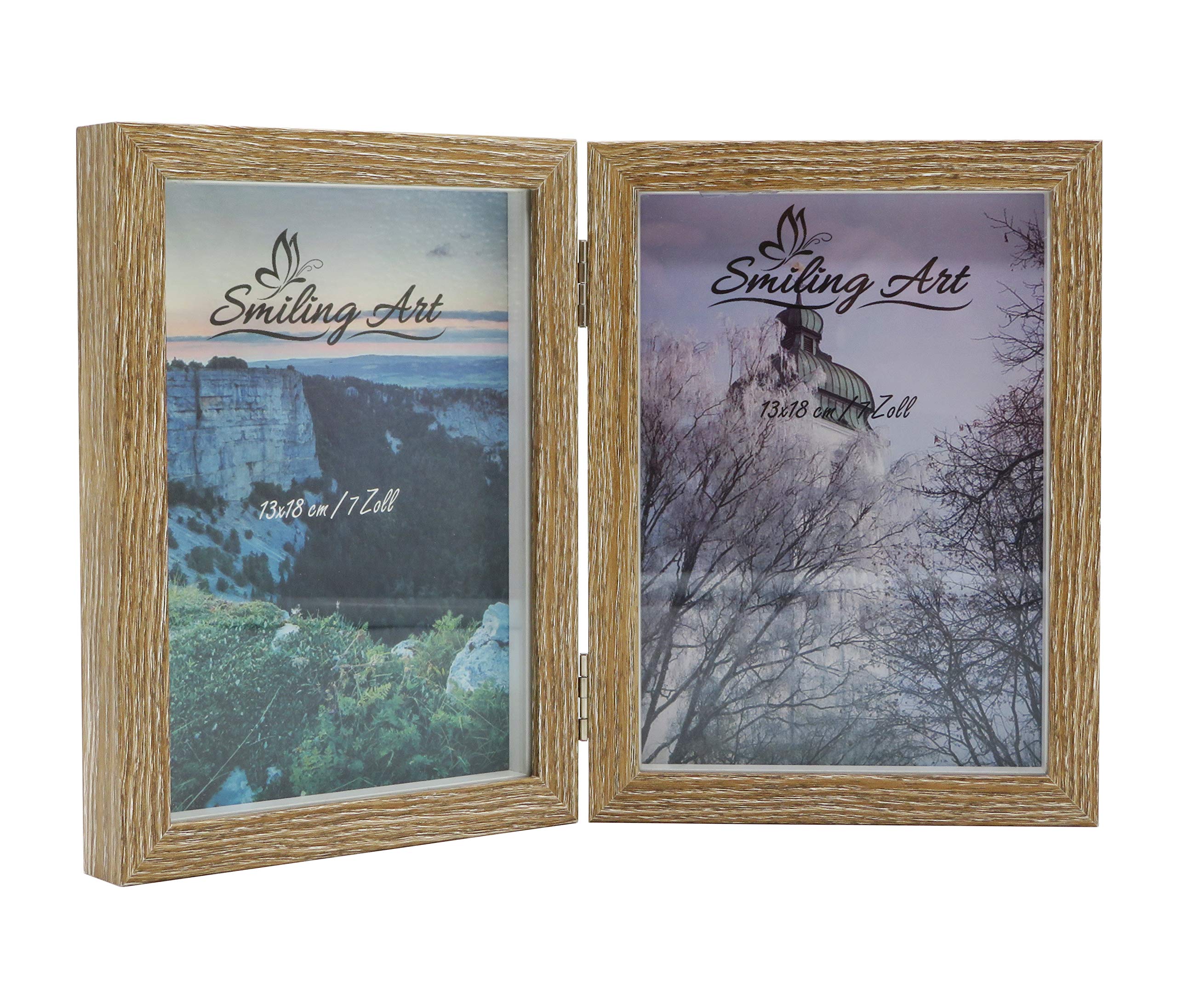 Smiling Art Picture Frame for 2 Photos Made of MDF Wood with Glass Pane, Folding Picture Frame, Double Frame (Brown, 2 x 13 x 18 cm) — image 1